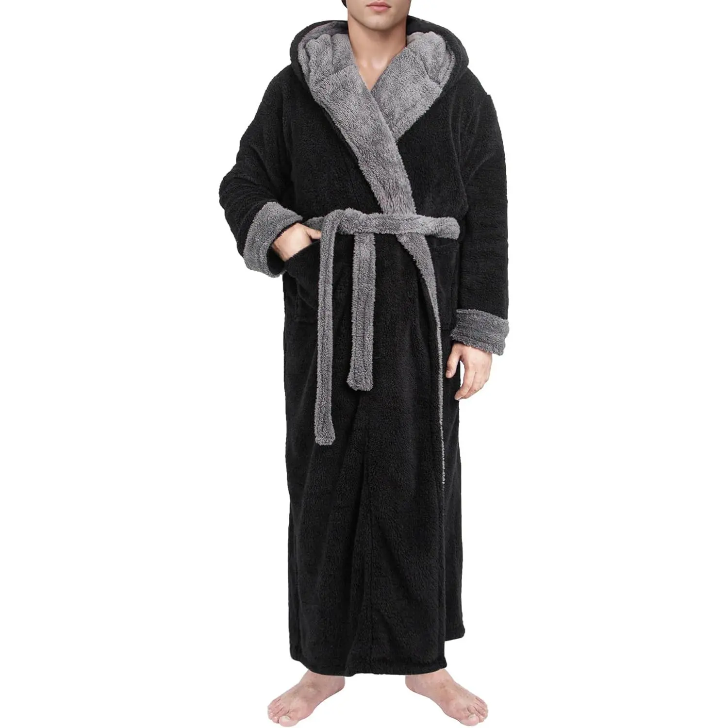 Yoimira Mens Robe with Hood, Big and Tall Plush Fleece Long Robe for Men Full-Length Bathrobe Cozy and Warm With Pockets