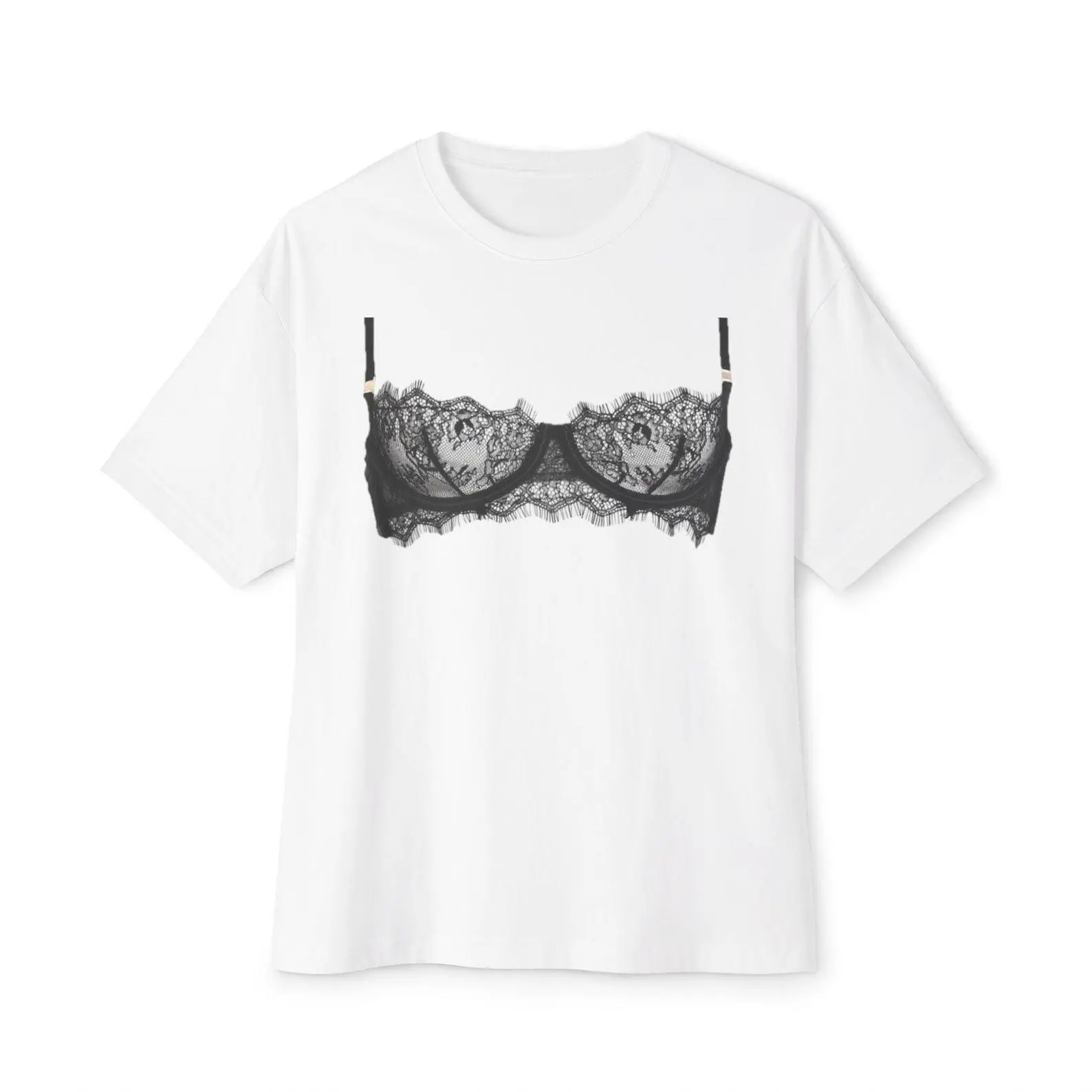 Lace Bralette Print Tee | T-Shirts, Plus Size Y2K Coquette Aesthetic Graphic Tee, Women’s White Loose Fit Short Sleeve, Funny Sarcastic Lingerie Style Top