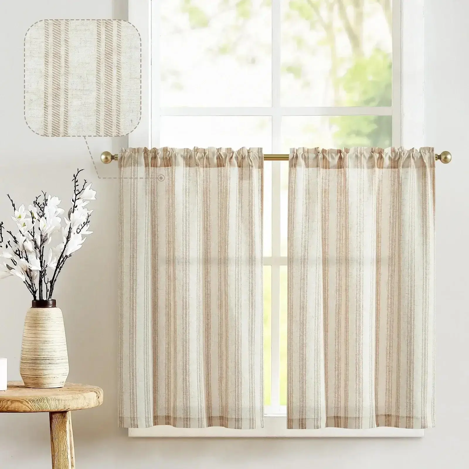 Twill Striped Linen Blend Rod Pocket Curtain Panels, Farmhouse Pleated Home Decoration Panels with Soft Light Filter for Kitchen Use, Home Decoration Curtain, Pleated Curtains