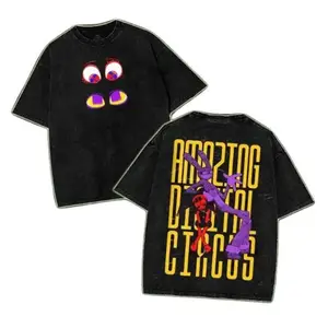 Pomni Cute Eye Graphic Tee Vintage Washed Black Double Sided Small Front Facial Print Large Jax Pomni Character Back TADC Anime Fan Short Sleeve Shirt