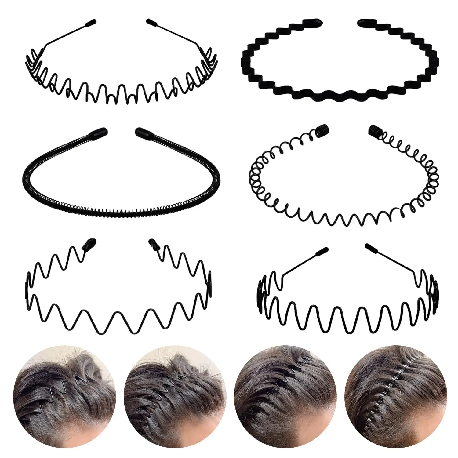 Unisex Black Metal Headbands (6 PCS) - Slip-Resistant Spring Wavy Hair Hoops, One Size, All-Purpose for Daily Slicked-Back Style and Sports