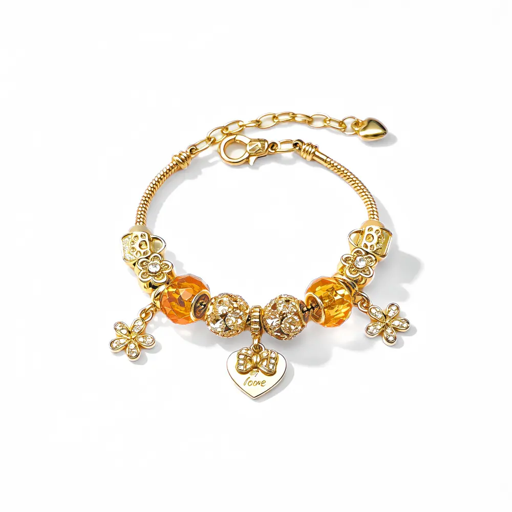 Amber Crystal Charm Bracelet Snake Chain Dangle Wristband Love Heart Bow Flower Pendants Golden Rhinestone Beads Old Money Aesthetic Fall Fashion Jewelry Gift For Women