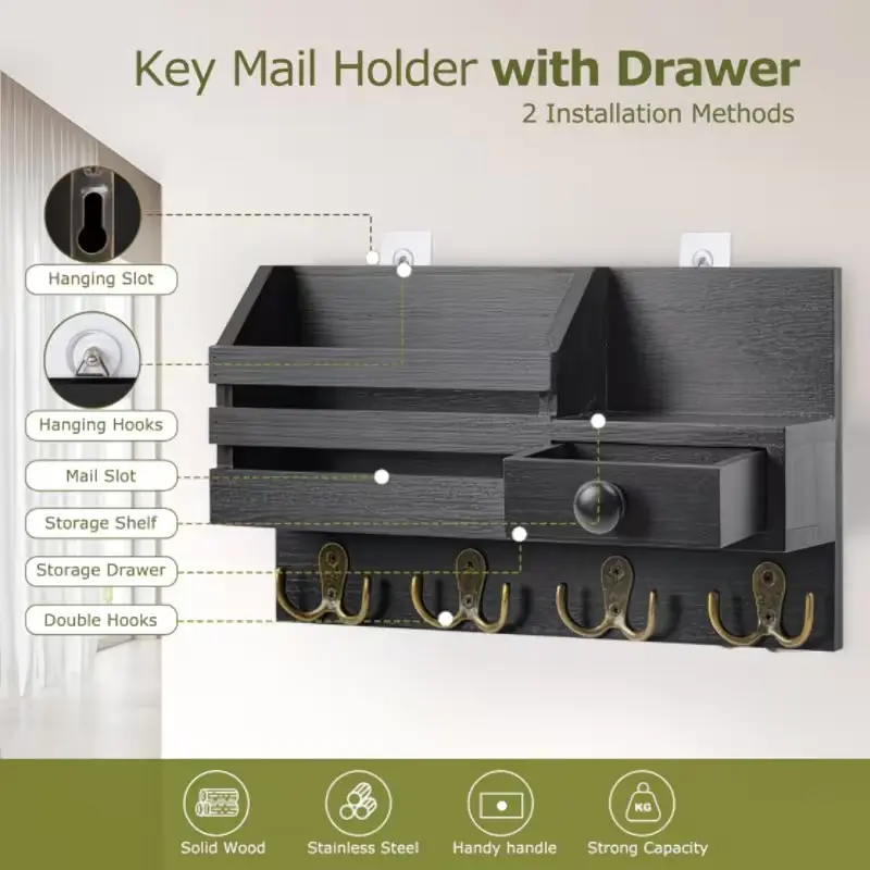 Vintage Wooden Wall Mount Key Holder with Drawer & Mail Slot, 8 Hooks Organizer for Mail Wallet Sunglasses, Housewarming Gift for Entryway Kitchen Garage Office