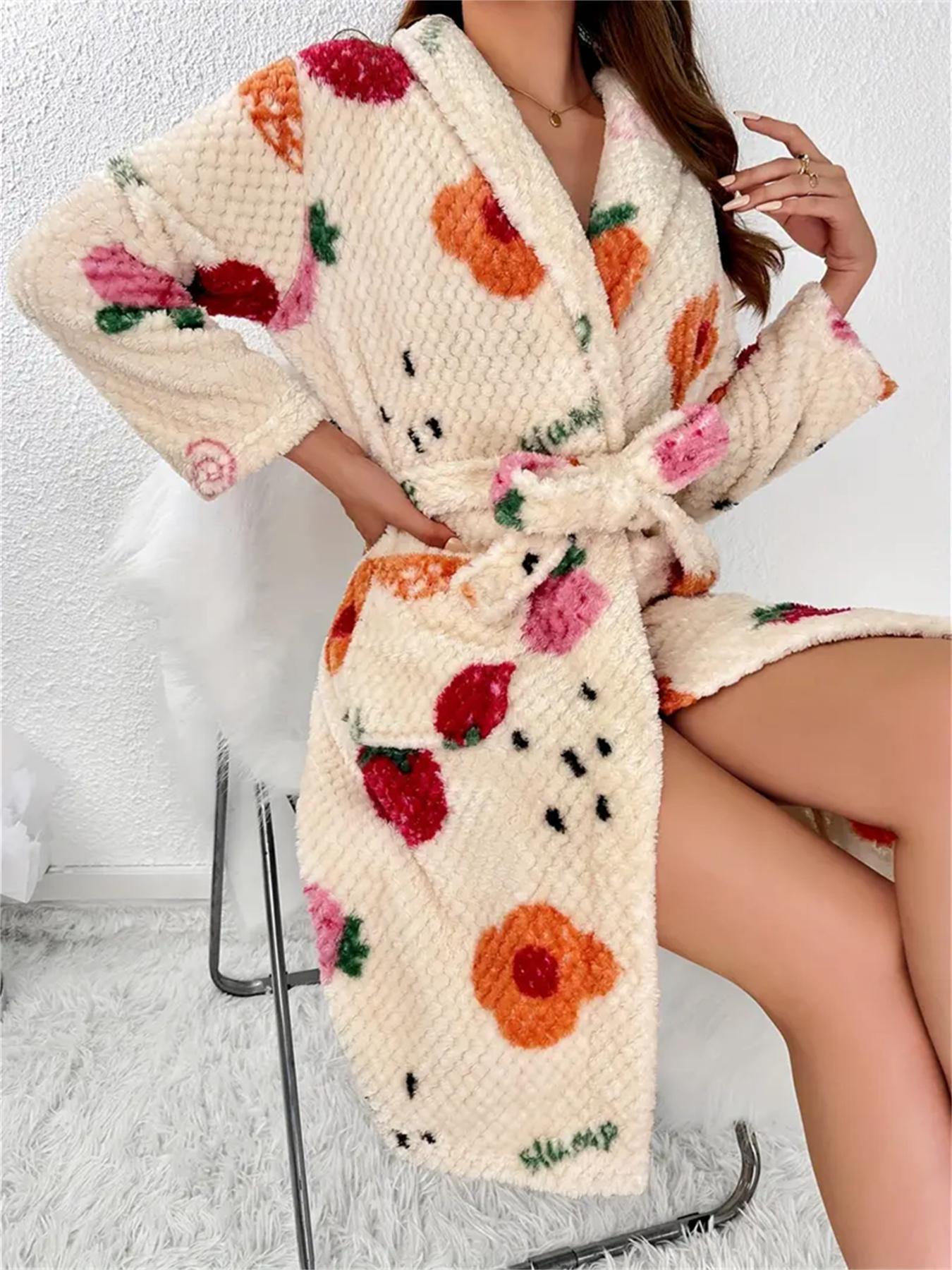 Women Flannel Bathrobe, Floral Fruit Print Shawl Collar Long Sleeve Dressing Gown with Pocket, Soft Textured Casual Loungewear Robe for Fall Winter Home Wear