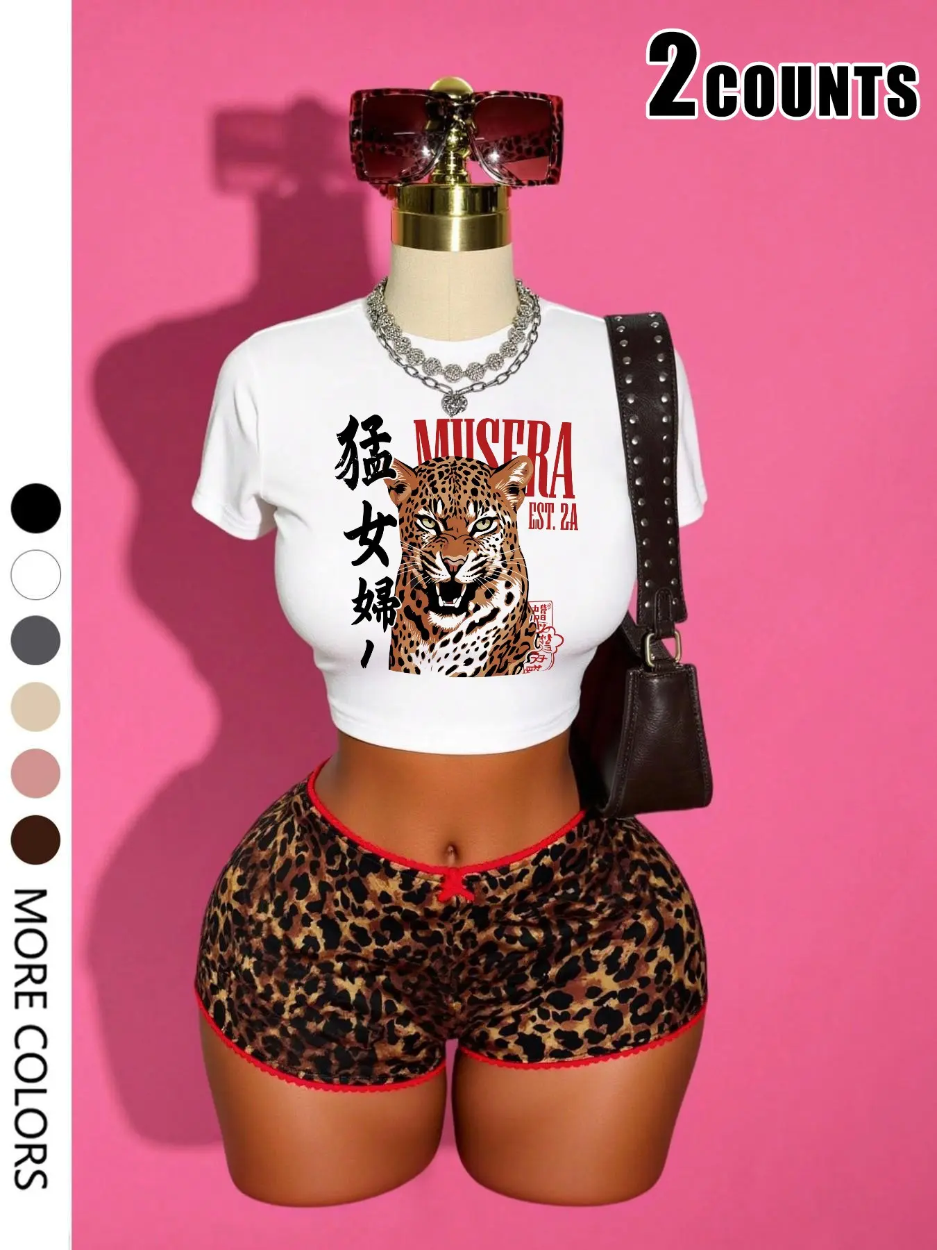 Women's Y2K Leopard Print Two-Piece Set, Tiger Letter Print Short T-Shirt & Lounge Shorts, Summer Sexy Casual Pajama Set, Party, Loungewear