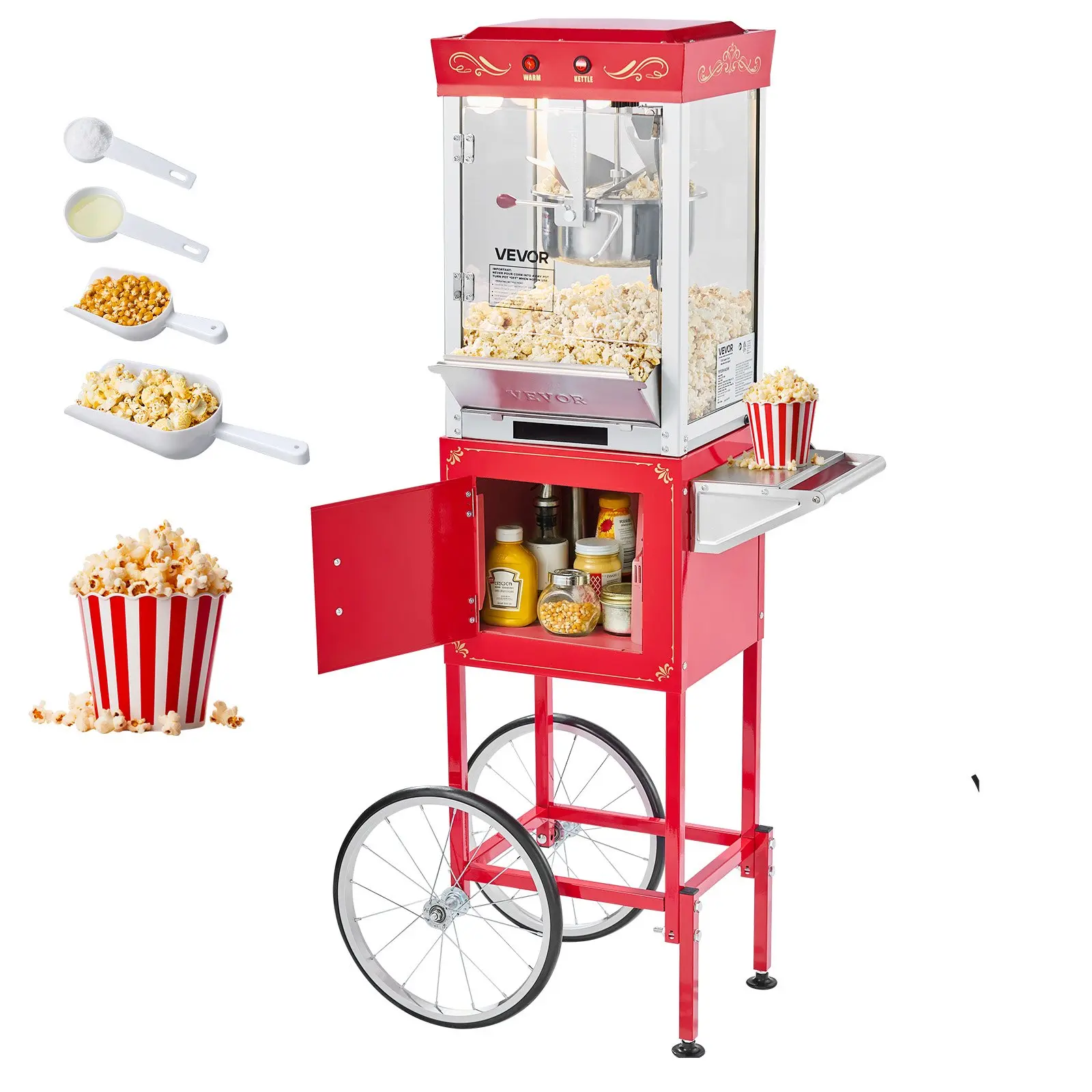 VEVOR Commercial Theater-Style Popcorn Machine with Cart, 8oz Stainless Steel Kettle, 800W Popper (48 Cups/Batch), 2-Button Control, Glass Wall-PC Door, 1 Scoop, 3 Spoons, Red, for US/EU Use, Sports-Grade Build, Supports 35 Lbs / 16 Kg Capacity