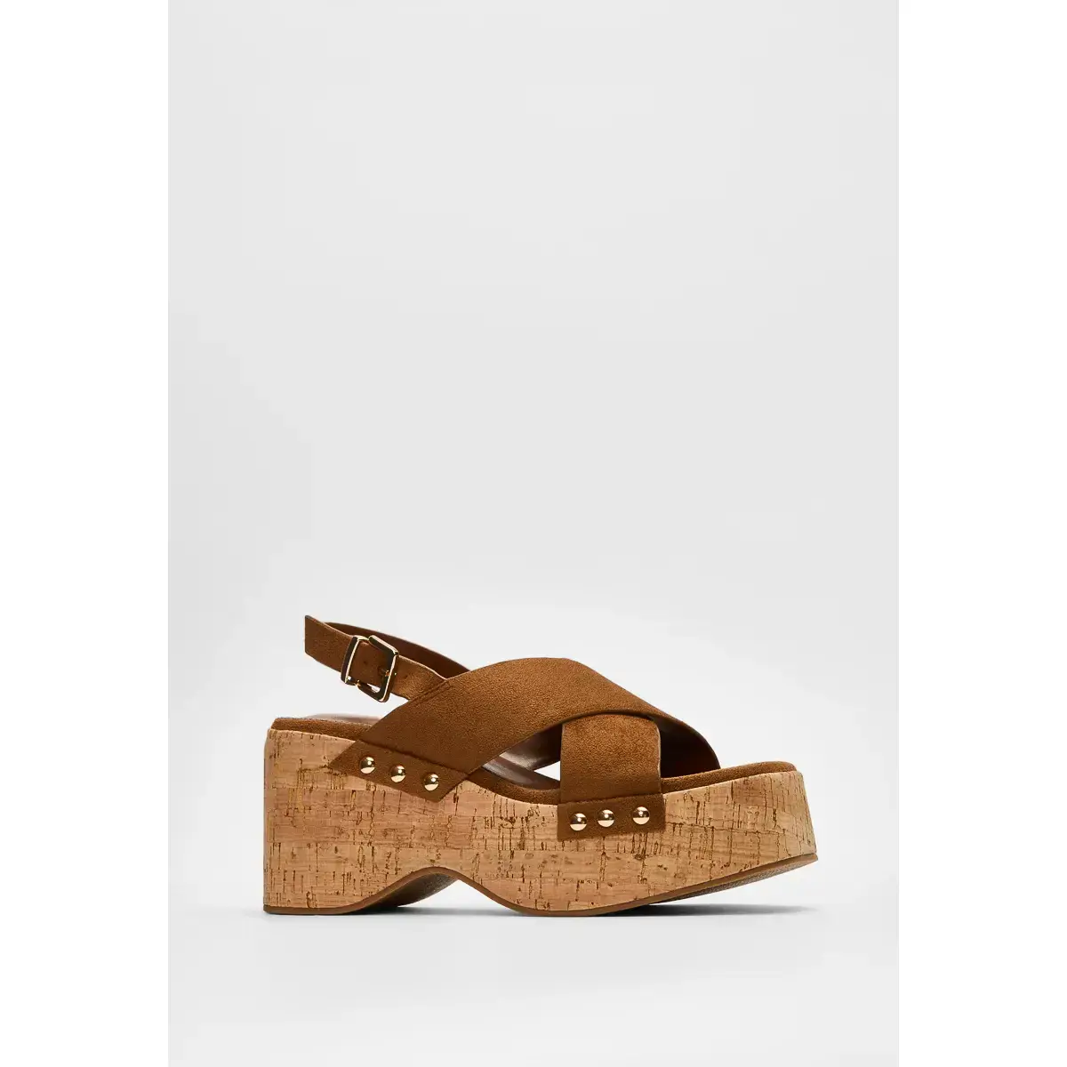 JUST FAB Women's Classic Cross Band Cork Wedge Sandals - Adjustable Gold Buckle Slingback, 3.62" Heel, 2" Platform, Suede, Summer Outfits Inspo