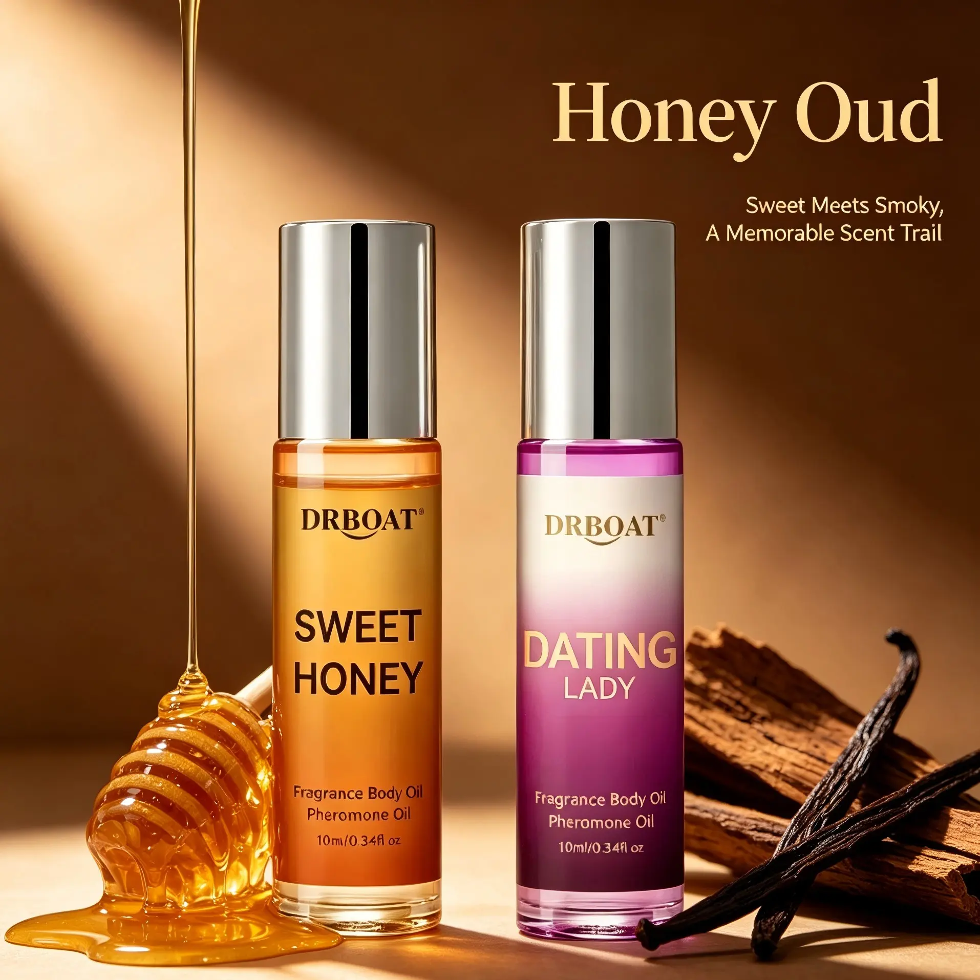 Honey & Date Double Perfume Oil - Sweet OUD and Roll On Subtle Perfume Pheromone Oil, Honey Oud & Date | Romantic Everyday Scent | Enchanting Fragrance | Long-Lasting | Vegan & Cruelty-Free Honey Oud Perfumes(2/4Pcs)