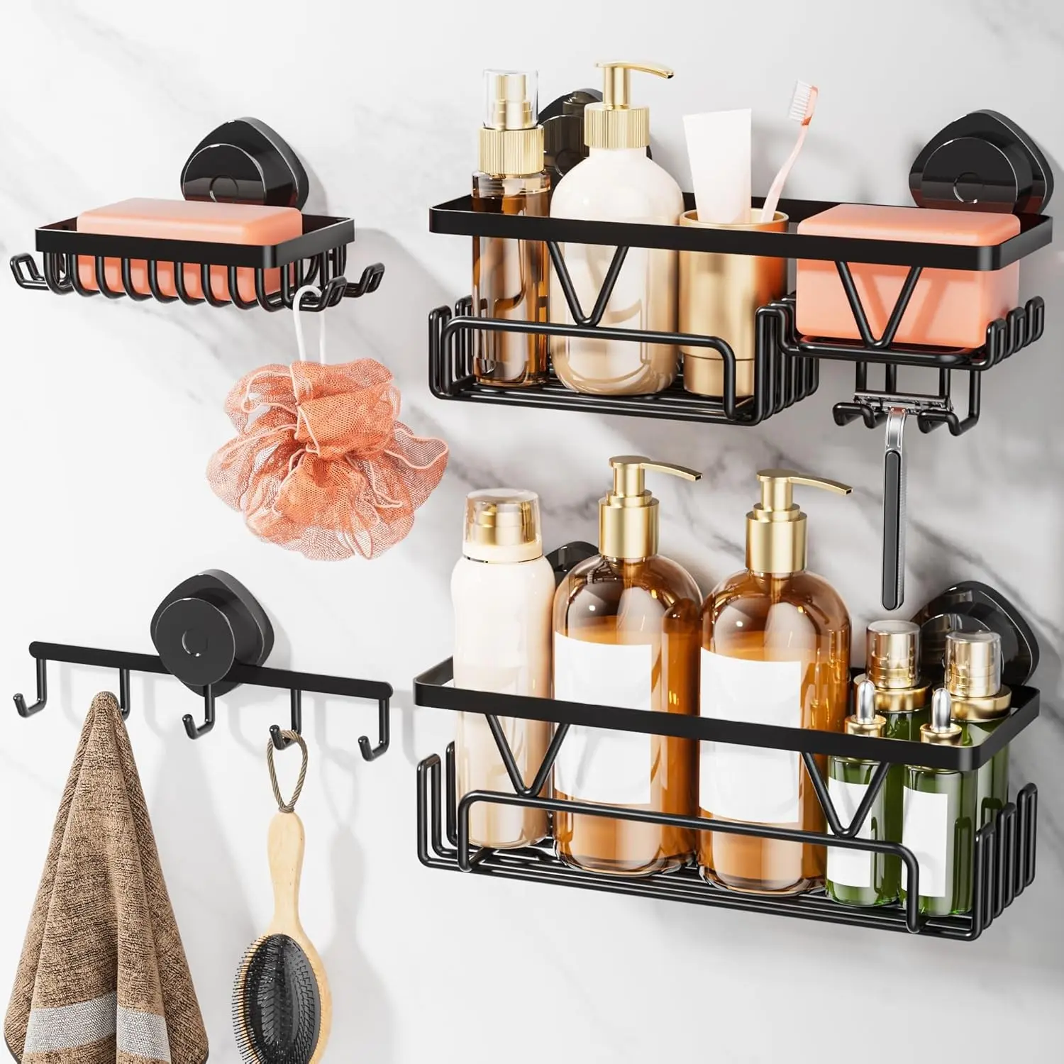 Shower Caddy Suction Cup, 4 Pack Suction Shower Shelf with Towel Rack No Drilling, Removable Shower Organizer with Hooks & Soap Holder, Space-Saving Bathroom Storage (Black)