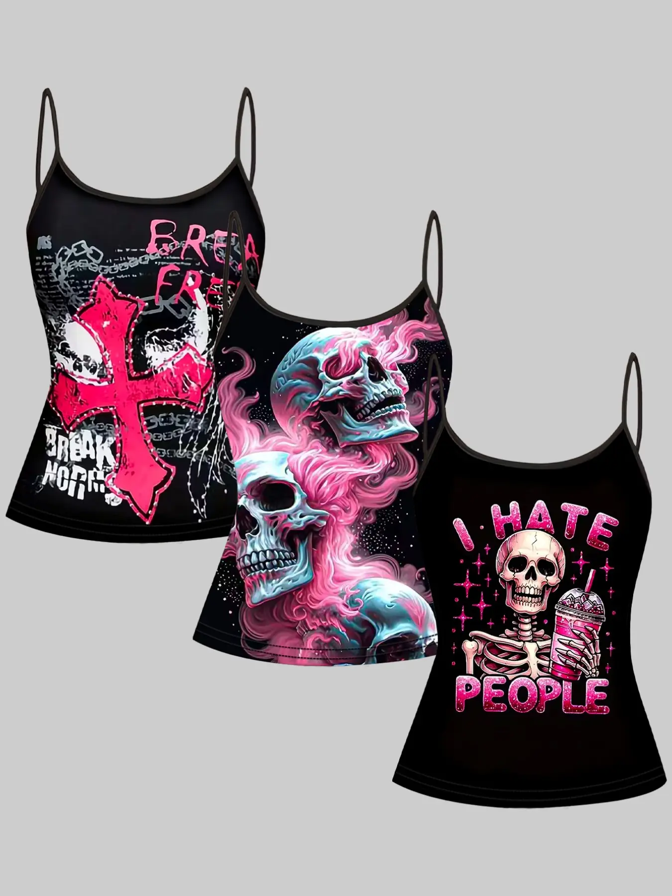 3-Pack Skull Cross Print Tank Tops for Women, Y2K Millennial Punk Style, Slim Fit Thin Straps, Bold Statement Innerwear Top