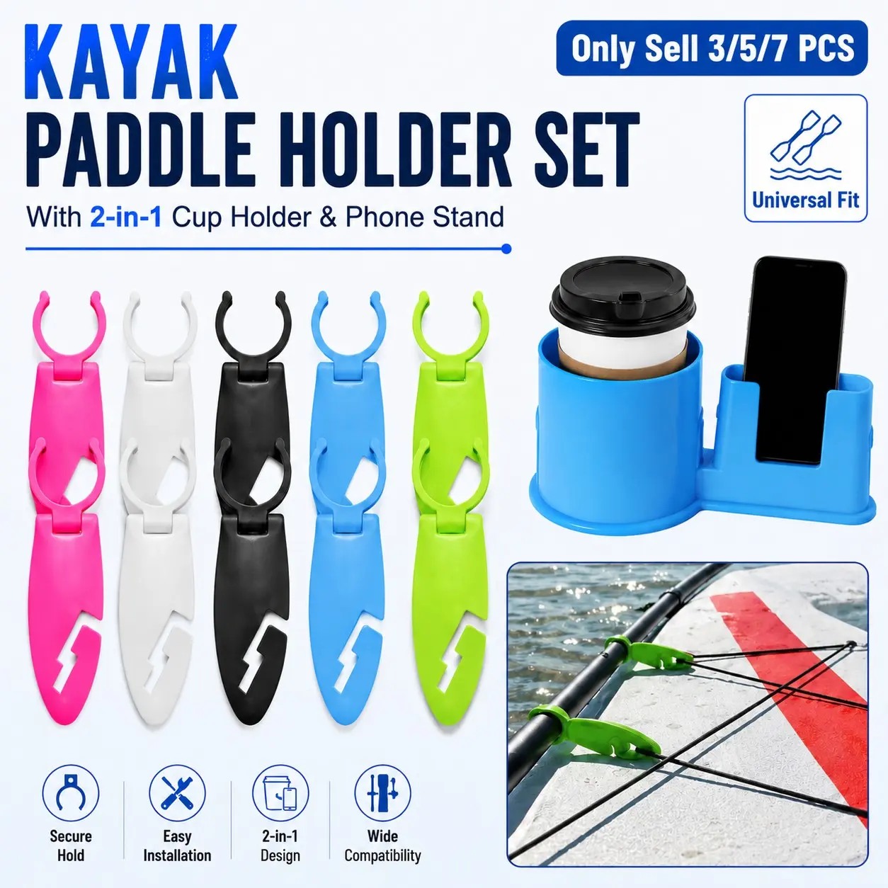 3/5/7 PCS Kayak Paddle Holders with 2-in-1 Cup Holder with Phone Stand, Practical Stable Fixing Clamps, Universal Fit for Kayaks, Canoes, Paddle Boards and Oars, Easy Installation, Secure Storage for Outdoor Water Sports, Versatile