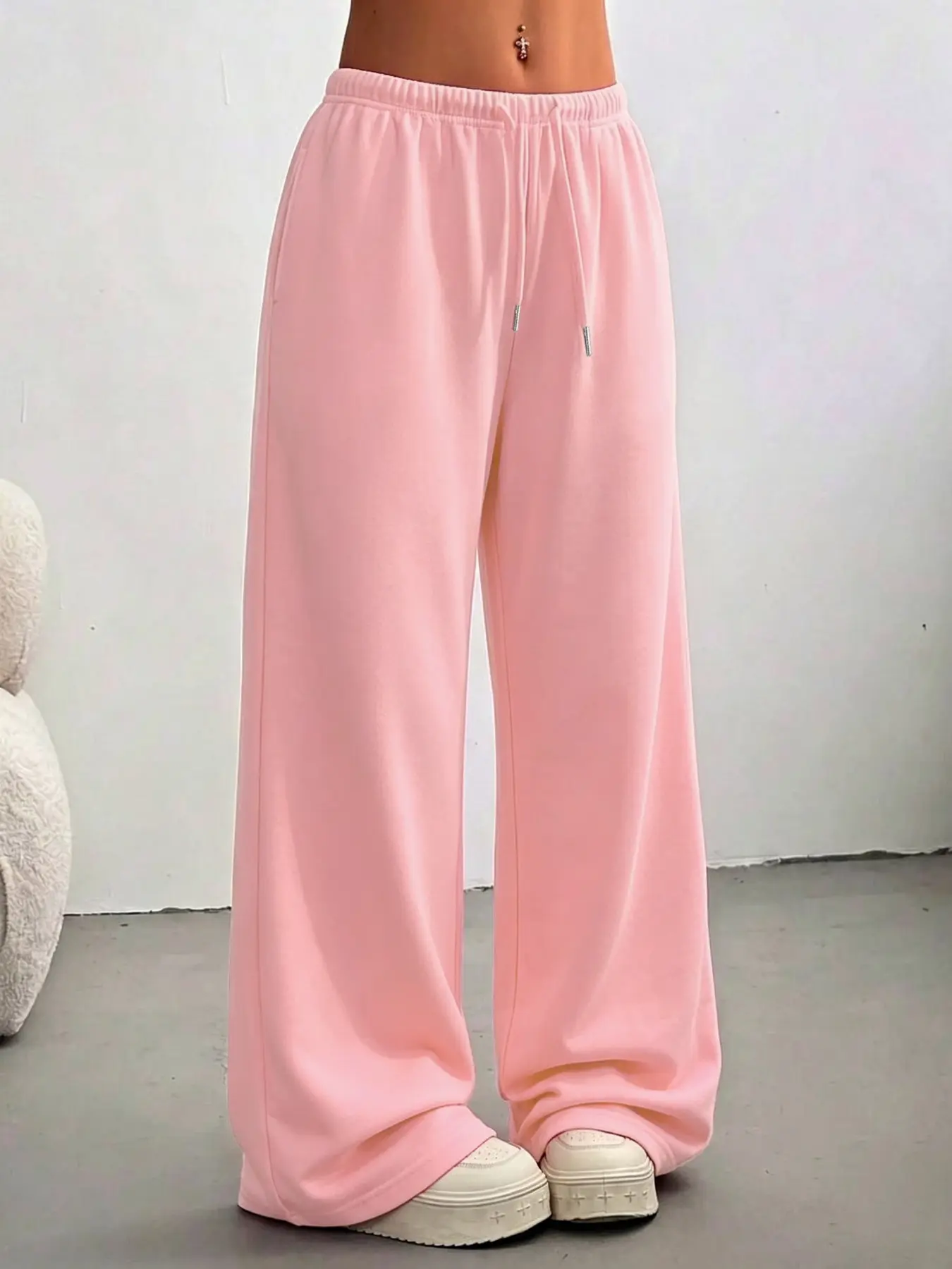 Women's Solid Color Minimalist Wide Leg Pants, Loose Fit Long Trousers, Lightweight Casual Ankle-Length Drawstring Waist