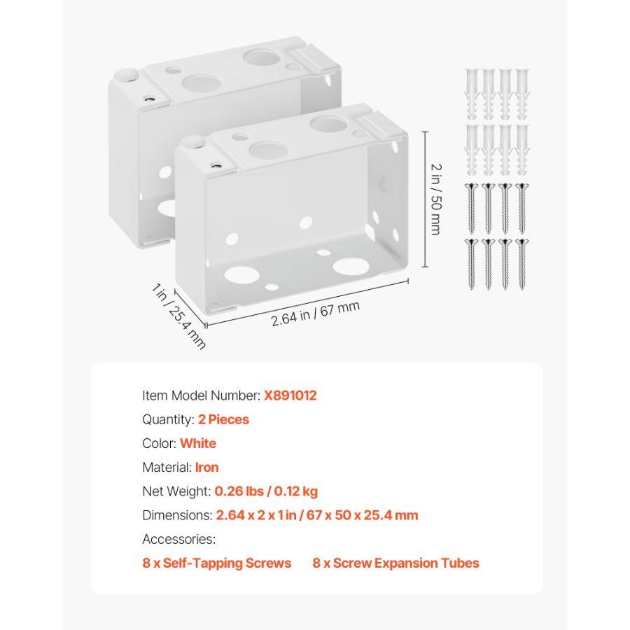 VEVOR Box Mounting Brackets, 2 Pcs, Box Blind Bracket for Window Blinds, Fit for 1.5x 2.25 inch Headrails, with Self-Tapping Screws and Expansion Tubes, Sturdy Iron, for Blinds Installation, White