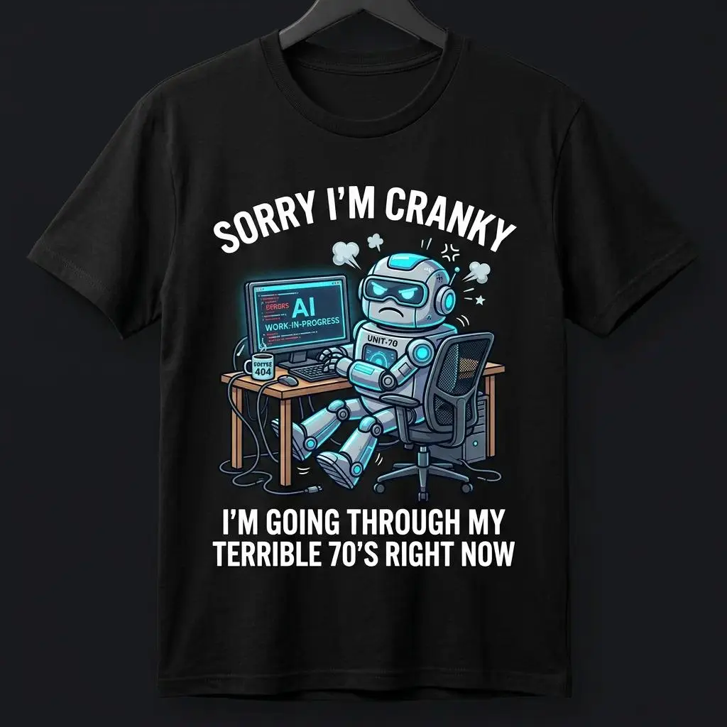 Men's Pure Cotton Korean Short-Sleeve Graphic Print T-Shirt - Casual Round Neck Top with Sarcastic 'Terrible 70s' AI Robot Humor, Funny Valentine's Day Gift for Coders, Shortsleeve, Ai Robot Art