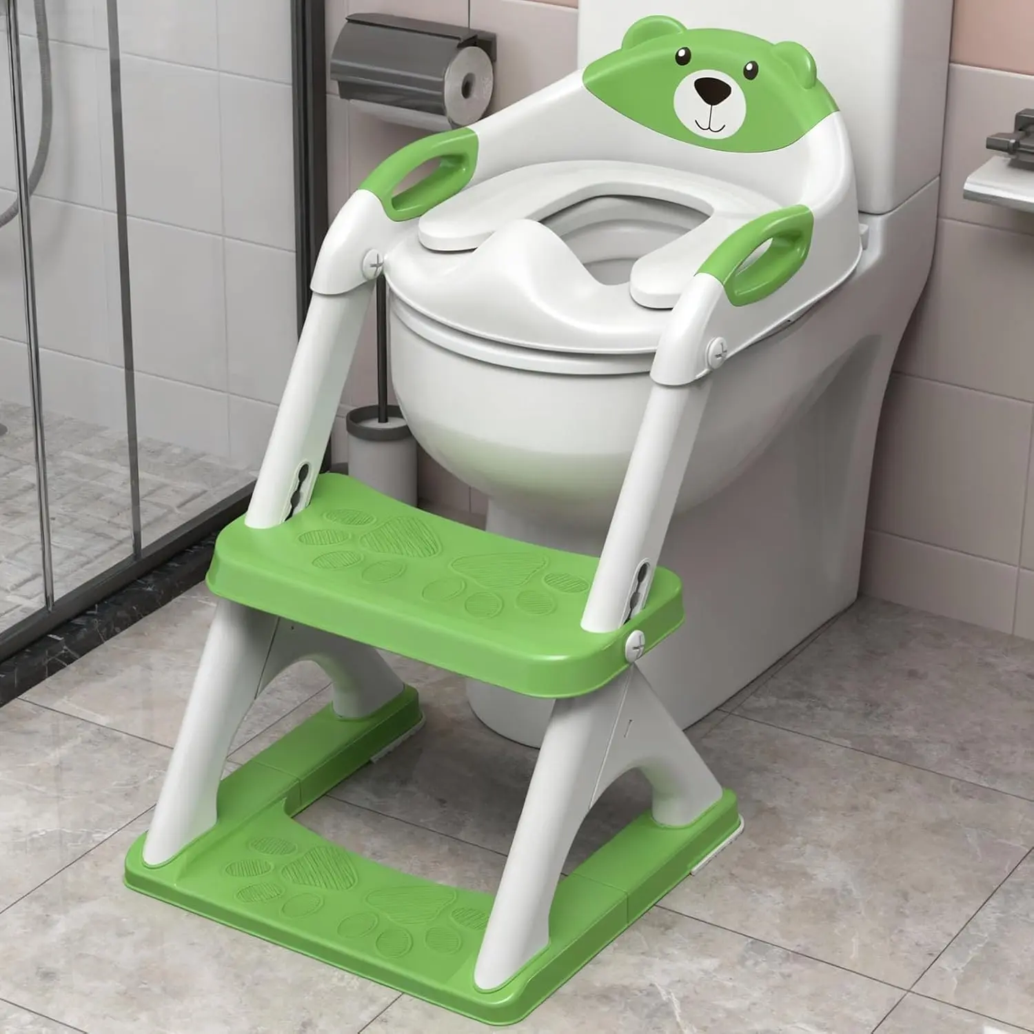 Toddler Potty Training Seat + Stool, 2-in-1 Adjustable Ladder with Anti-Slip Pad, Splash Guard, Extra-Wide Pedals, Supports 200+ lbs, Ideal for Boys & Girls (8899-Green)