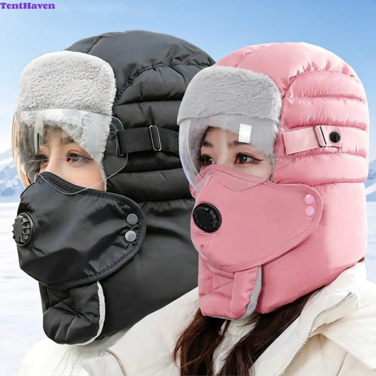 Winter Trapper Hat With Detachable Face Mask & Breath Valve, Windproof Fleece Lined Ear Flap Trooper Cap, Cold Weather Outdoor Ski Motorcycle Thermal Hat For Men Women