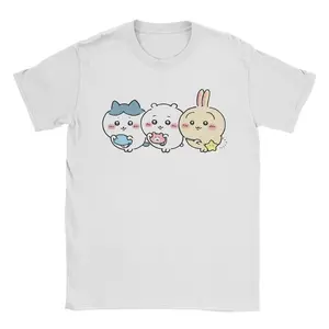 Cartoon Cute Chiikawas Kawaii  T Shirts for Men 100% Cotton T-Shirts Round Collar Hachiware Usagi Tees Short Sleeve Clothes