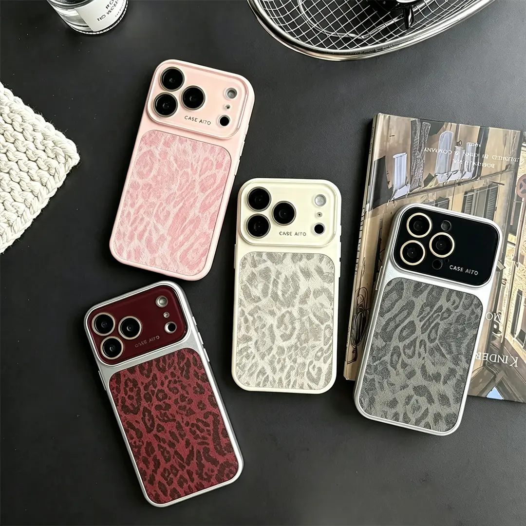 Imitation Leather Leopard-Print Matte TPU PC Phone Case for Multi-Size iPhone Models (17/16/15/14 Pro Max) - Luxury Fashion Shockproof Apricot Cover, 4-Color Anti-Drop Smartphone Accessory, Accessories