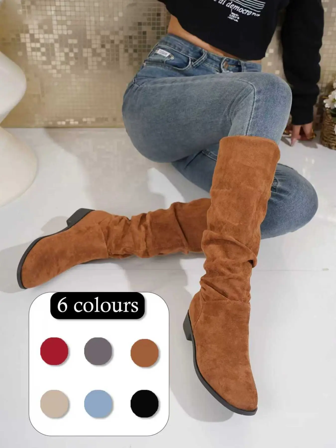 Women's Knee-High Boots, Spring & Fall New Classic Vintage Pleated Denim Riding Boots, Fashionable Y2K Style, Flannel Upper, PVC Leather Sole