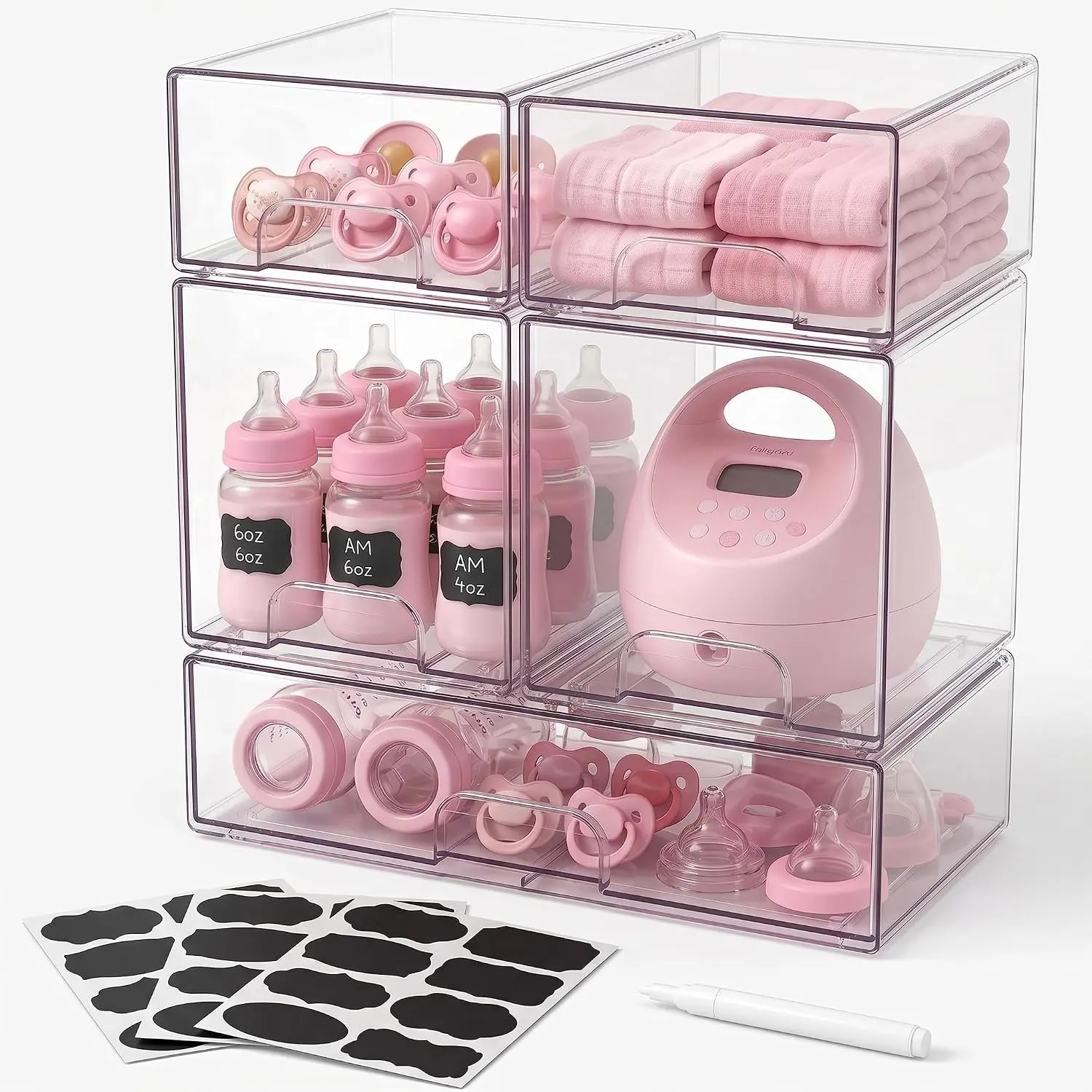 5-in-1 Baby Bottle Organizer with Labels, Stackable Clear Drawer Storage Station for Breast Pump Parts, Countertop & Cabinet Nursery Bin for Pacifiers, Breastmilk Storage Containers
