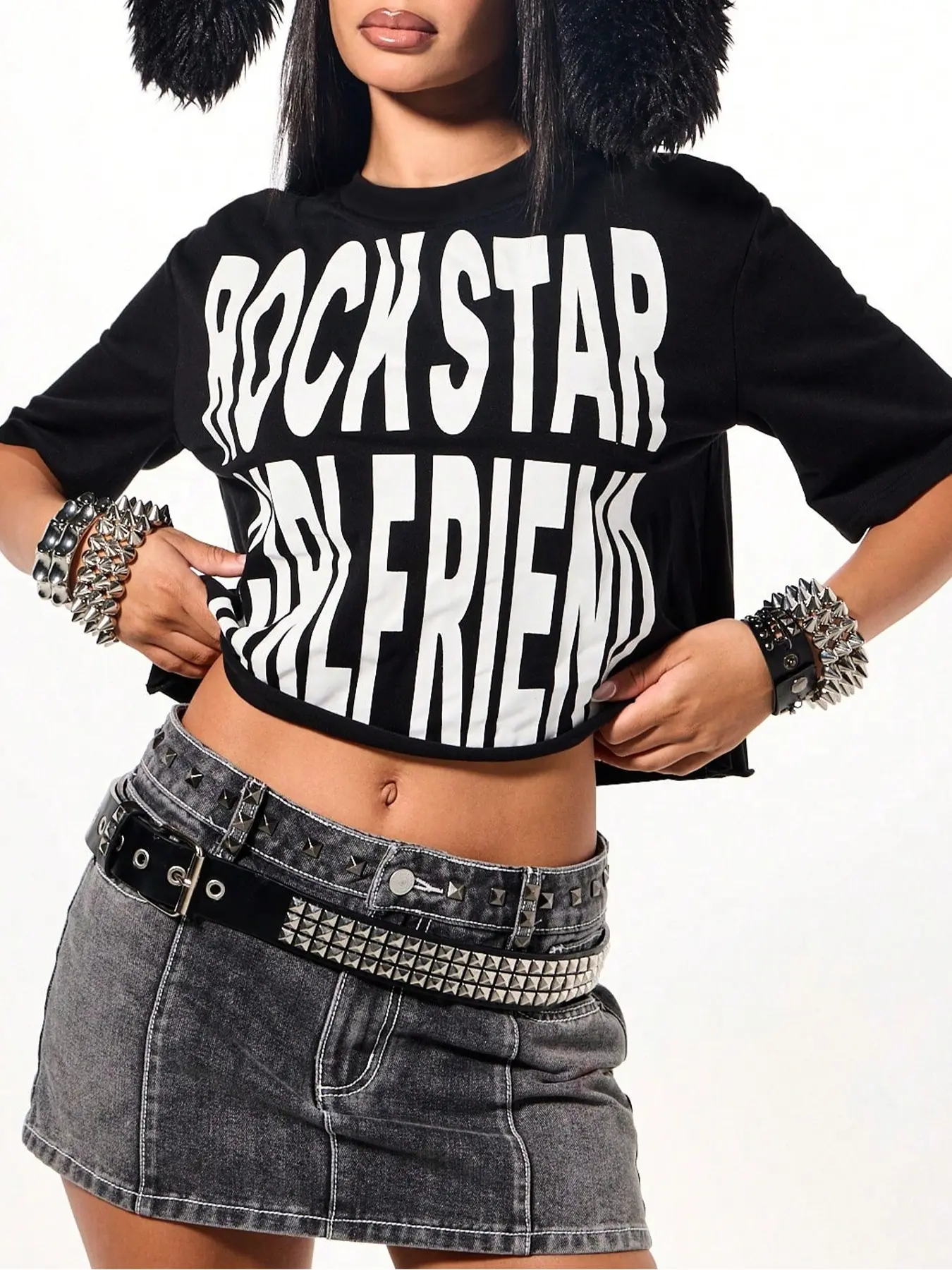 Women's Rockstar Girlfriend Print Short T-Shirt, Punk Y2K Style, Streetwear Club Party Top, Comfortable Cotton Tee, Casual Loose Fit, Short Sleeve, Women's Tops