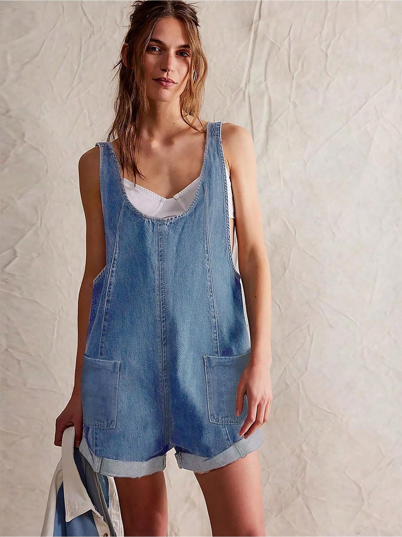 Women's Solid Color Denim Overalls, Casual Comfy Breathable Fabric Basic Fitted Sleeveless Overalls for Daily Wear, Ladies Clothes for Spring & Summer, Womenswear, Dungarees, Denim Rompers, Summer Jean Romper, Denim Jumpsuit, Blue
