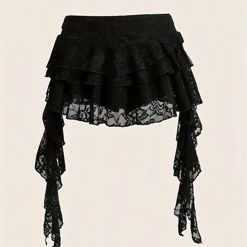Low Waist Bohemian Style Sexy Lace Mini Dress, Safety Shorts Included, Spring Summer Women's Concert Party Dress, Y2K A-Line Ruffle Skirt Bottoms, High Low Skirt