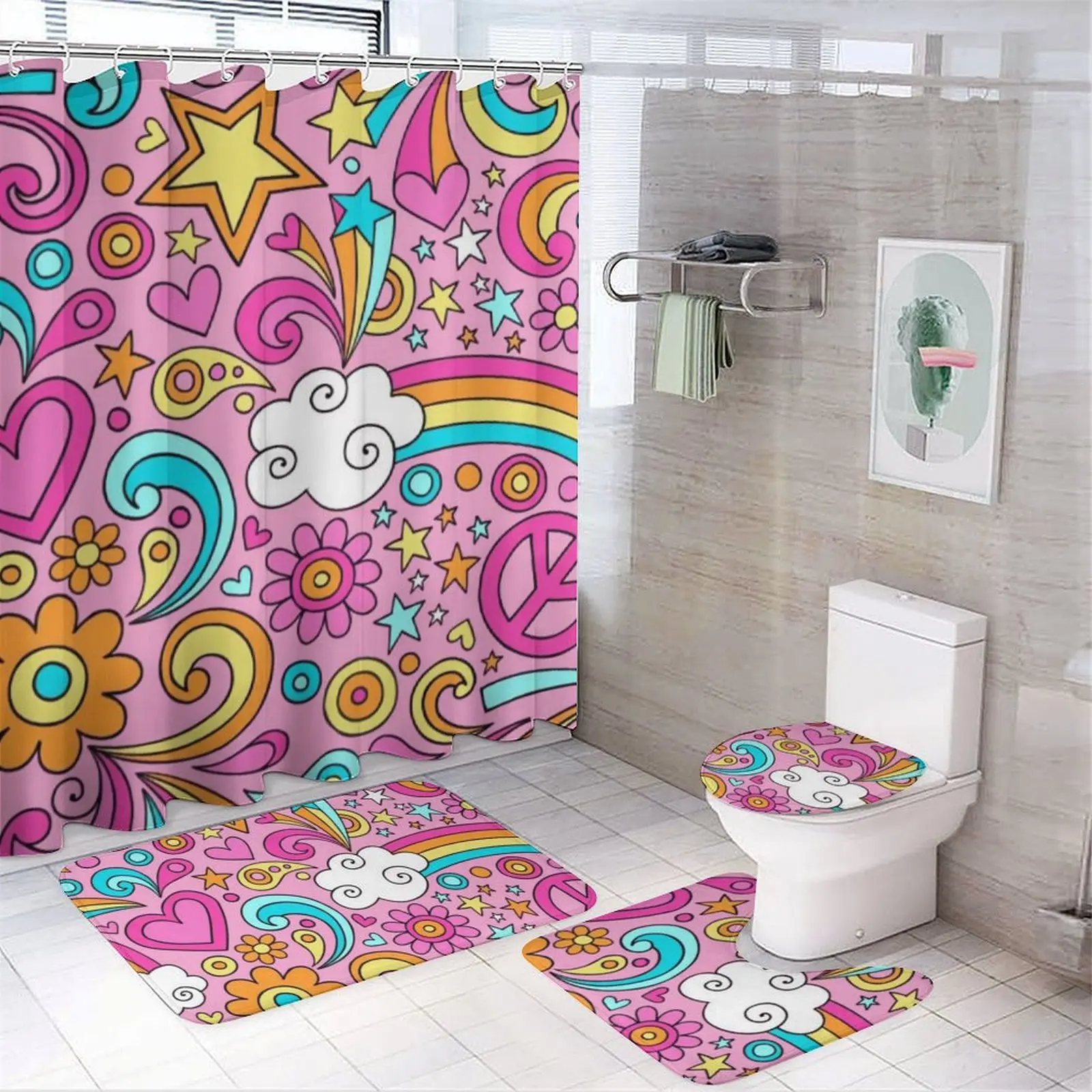 4-Piece Bathroom Set, Bathroom Mats & Shower Curtain with 12 Hooks, Bath Accessory for Home Use or Bathroom Decor