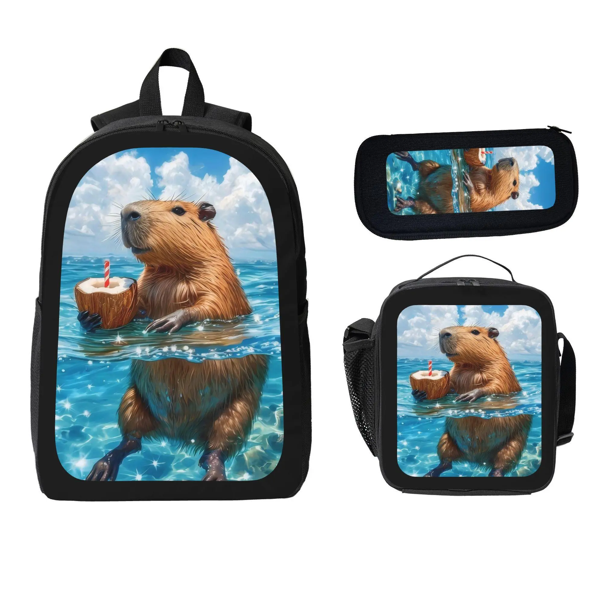 Capybara 3-Pcs Large Capacity Bag Set - 600D Oxford Cloth Teen School Backpack with Lunch Box, Pencil Case, Adjustable Straps, Mesh Back Cushioning, Lightweight, Fits 15-Inch Laptop/iPad/Books, for Parks, Outdoor Sports, Office, Mountaineering, Back To Sc