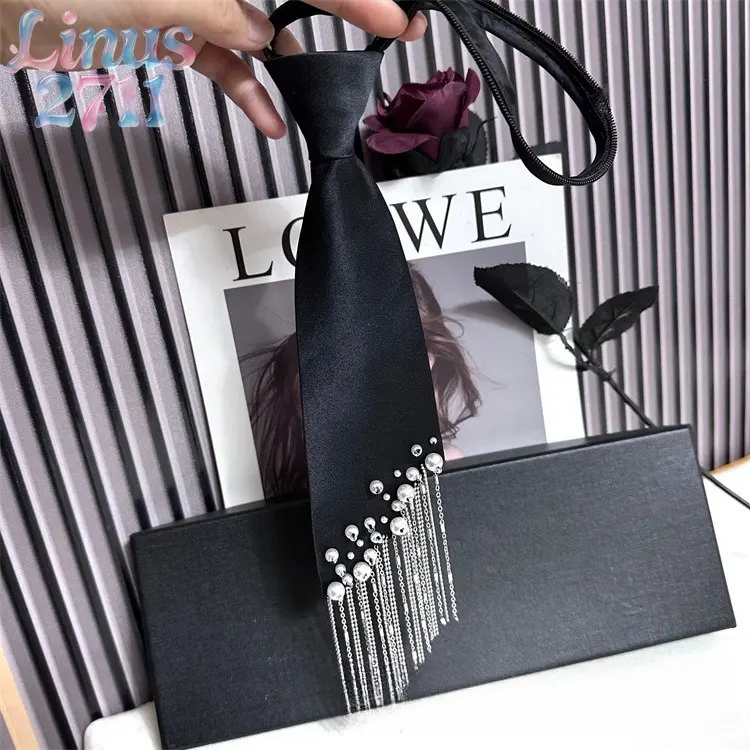 Women Pre-tied Black Satin Pearl Rhinestone Tassel Neck Tie Lazy No-tie Adjustable Strap JK Uniform Gothic Y2K Shirt Outfit Party Cosplay Accessory
