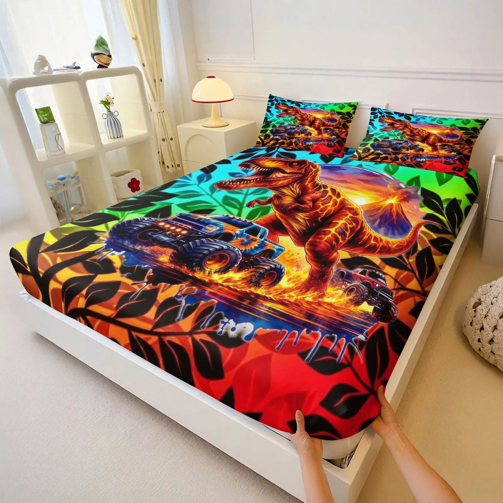 3‑Piece Dinosaur Print Fitted Sheet Set, Bed Sheet Set, Bedding Set, Cool Jungle‑Style Bedding Decor, All‑Around Elastic Anti‑Slip Design, Soft Comfortable All‑Season, 1 Fitted Sheet + 2 Pillowcases, No Fillers, for Bedroom Home Decoration