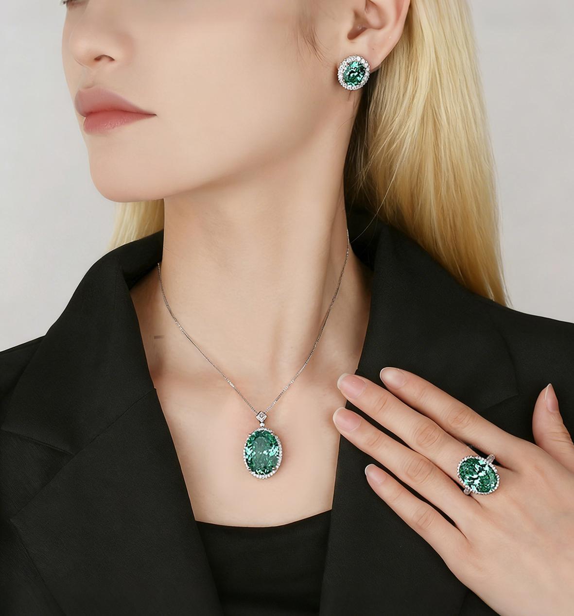 Vintage Simulated Gemstone Paraiba Green Oval Cut Jewelry Set for Women Ring Earrings  Necklace     Single Row Halo CZ    Luxury Fashion Accessories Gifts for Women