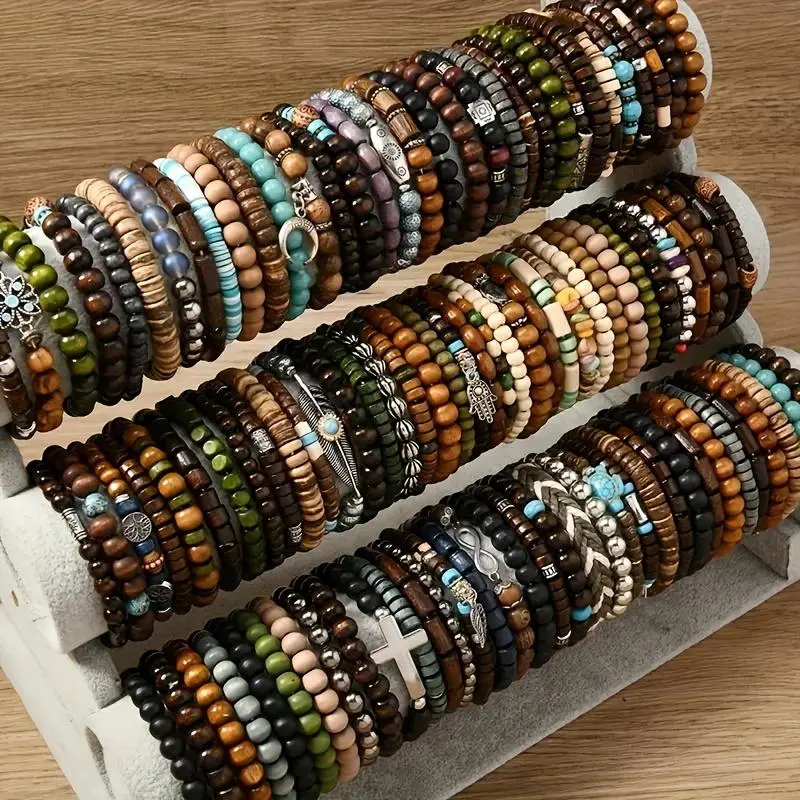 Unisex 72-Piece Boho Wooden Bead Stackable Bracelet Set - Handcrafted Stretch Design, Couples Gift, Daily Wear Anniversary Jewelry