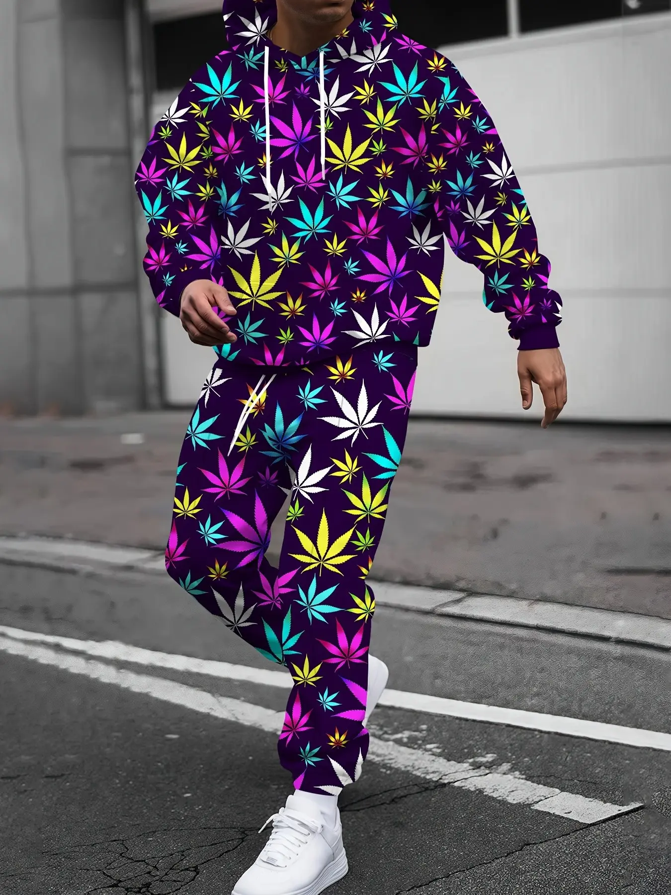 Men's Trendy Printed Hooded Sweatshirt Set with Colorful Graffiti Design, Casual Fall Winter Two-Piece Sportswear, Loose-Fitting Pullover and Pants