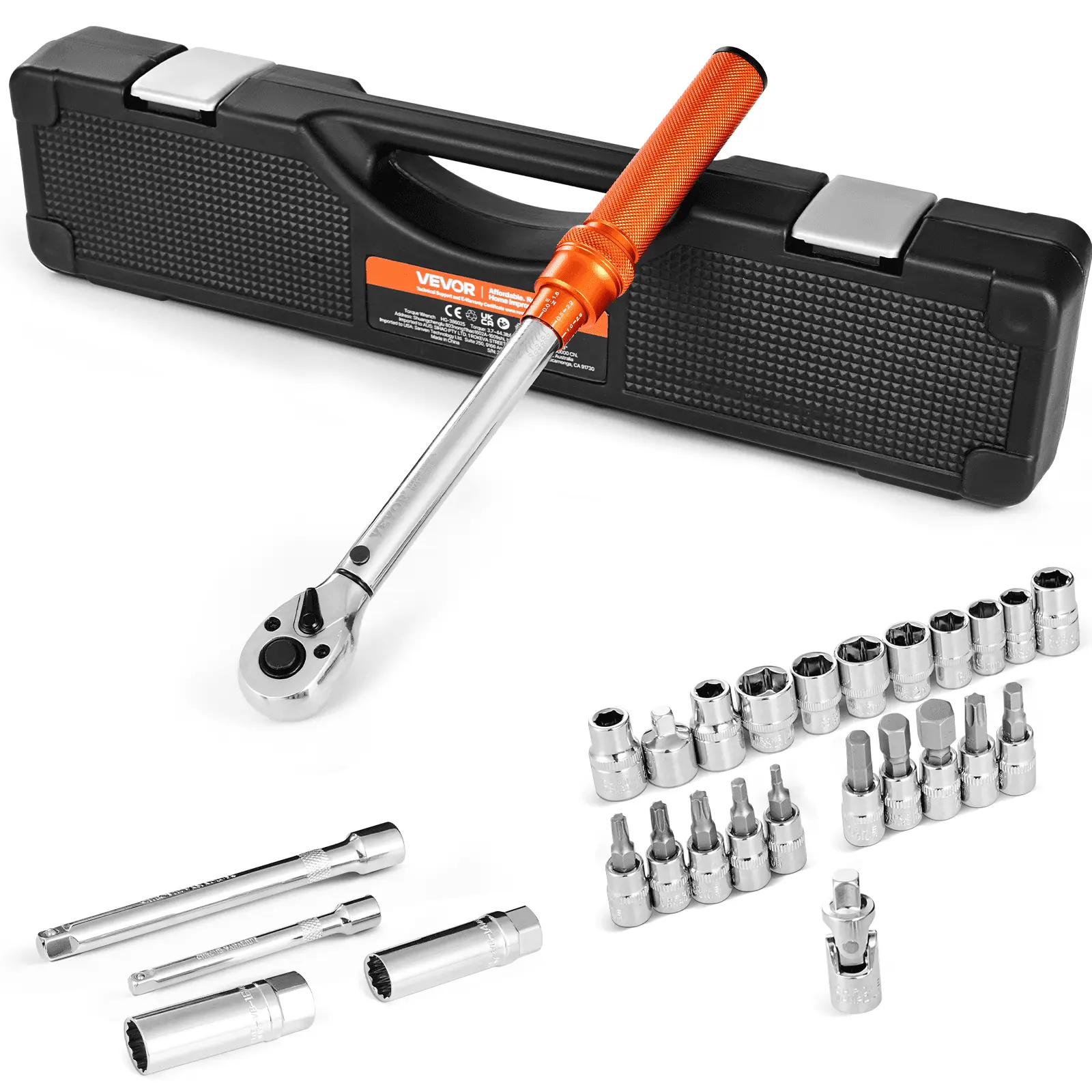 【DealsForYouDays】VEVOR Click Torque Wrench Set, 3/8 Inch Drive, 5-60 N. m/ 3.7-44.3 lbf. ft, Dual-direction, 72-Tooth, 3 High Precision, with Sockets, Bits, Extension Bar, Spark Plug Sockets, Adapter, Orange