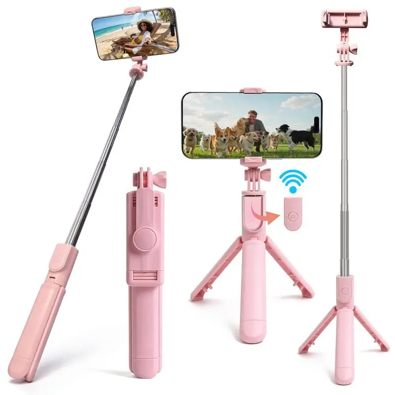 Adjustable Phone Selfie Stick with Wireless Remote & 360° Rotating Tripod, Portable, Compact Selfie Stand, Compatible with iPhone, Samsung, Android, Bluetooth-compatible Control