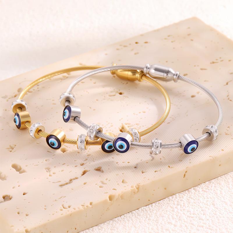 Evil Eye Charm Bracelet for Women – Stainless Steel PVD Gold Plated with Sparkling Rhinestones & Enamel Details, Waterproof Durable Bangle, Trendy Boho Statement Jewelry Perfect for Daily Wear, Parties & Gift Giving