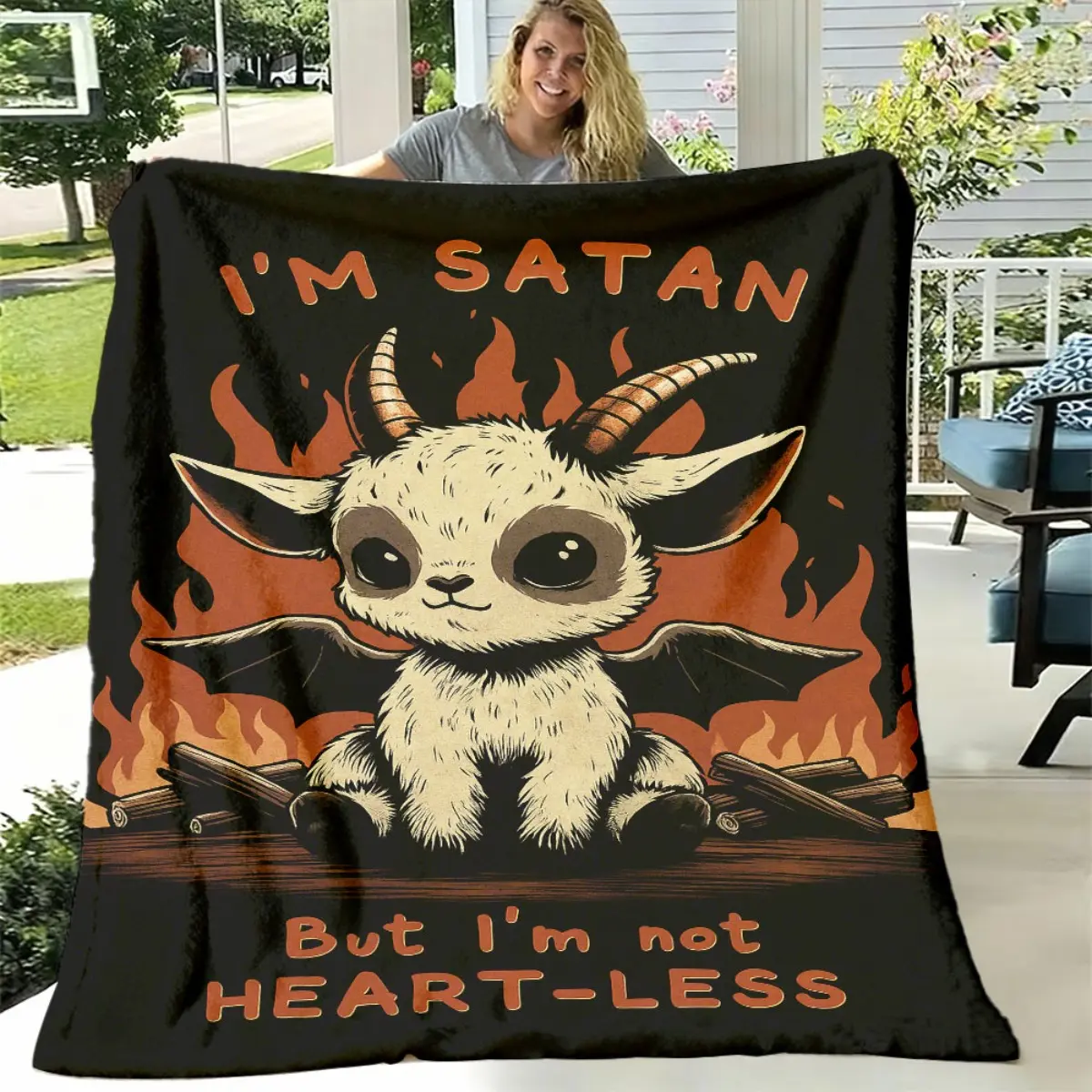Cute Baby Goat Baphomet I'm Satan But I'm Not Heartless Flannel Throw Blanket Spooky Cute Occult Kawaii Art Warm Blanket Gift Gothic Fans All Ages