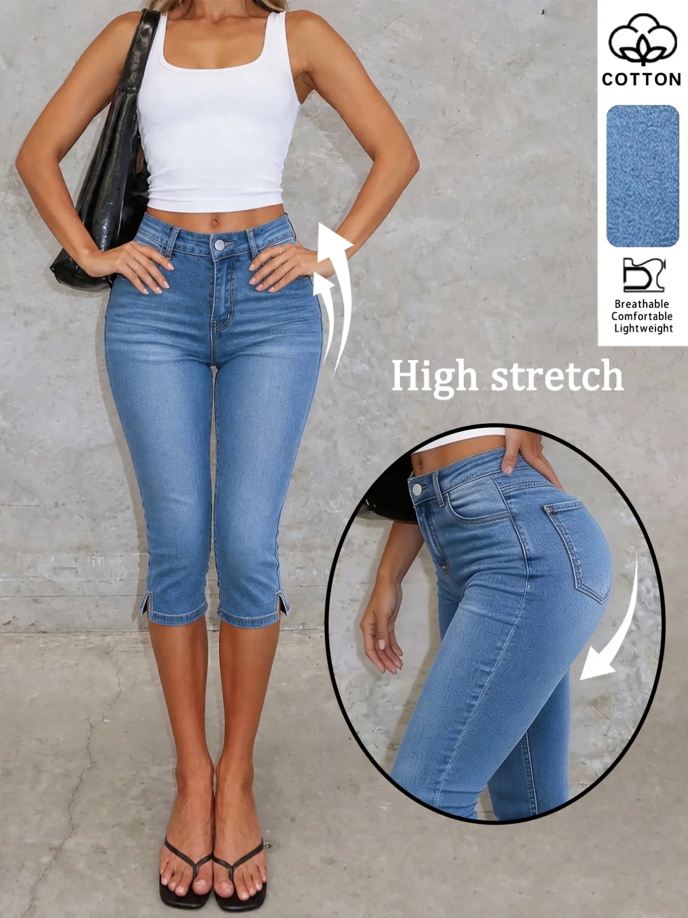 Light Blue Washed High Waist Elastic Lightweight Denim Capri Jean Seven-Eighths Pants, Slim Fit Split Cycling Pencil Pants, Summer Casual Versatile Style