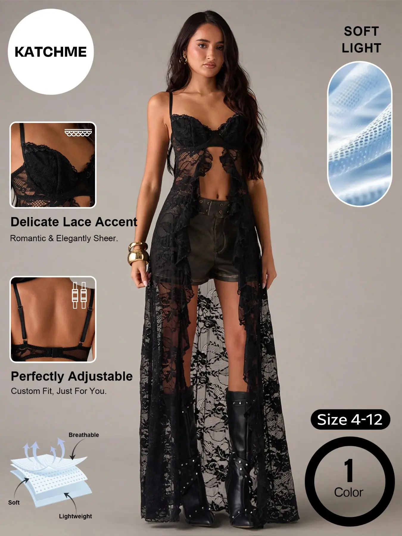 Women's Lightweight Adjustable Strap Front Slit Sheer Lace Ruffle Long Dress, Lace Off-Shoulder Top, Elegant Evening Wear#TikTokMadeMeBuyIt #SummerTop #StreetStyle