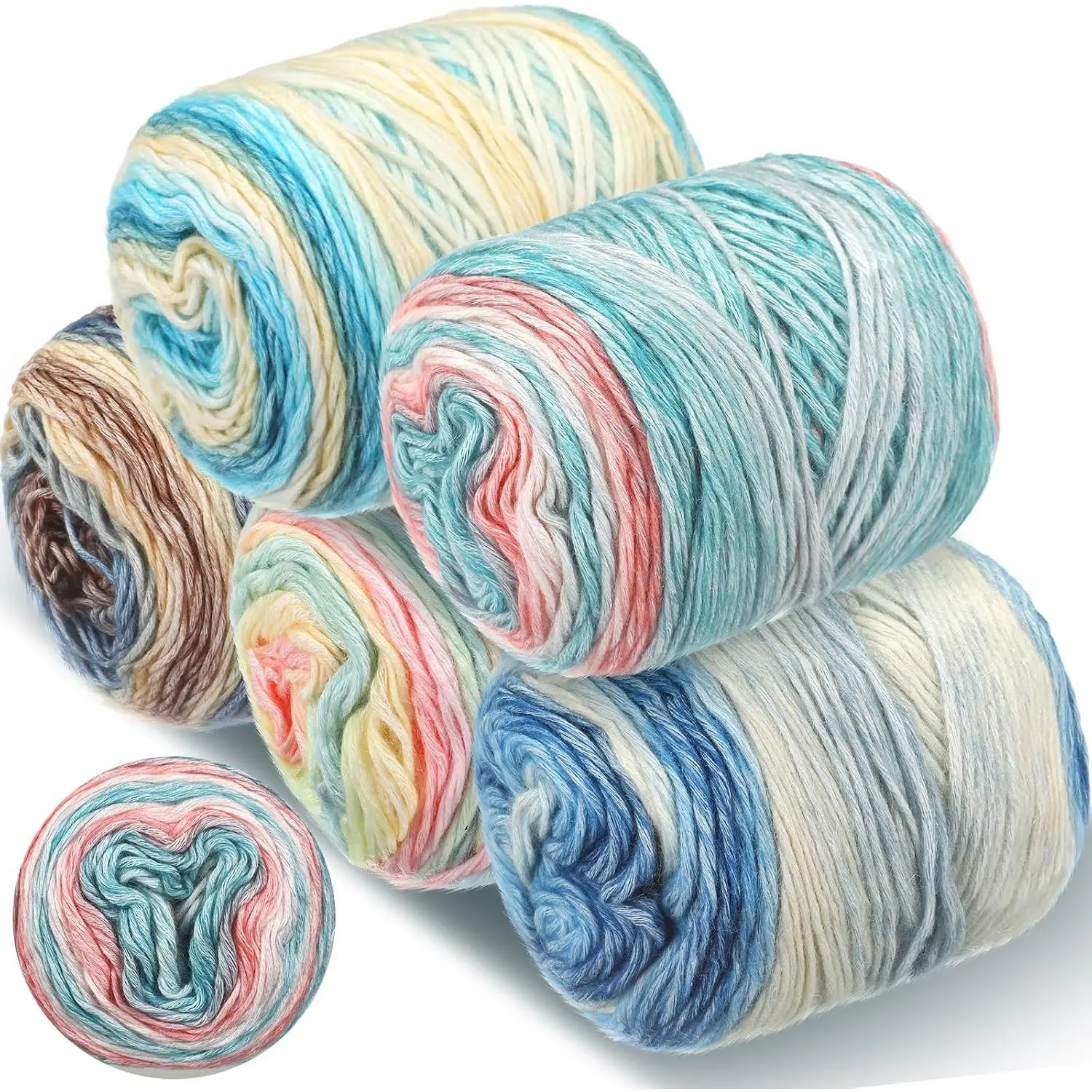5 Rolls Ombre Cake Yarn for Crocheting & Knitting, 3.5oz/100g 328yds Multicolor Self Striping Gradient Yarn, Soft 60%  30%  10%  for Scarves Shawls Blankets Garments(Blue)