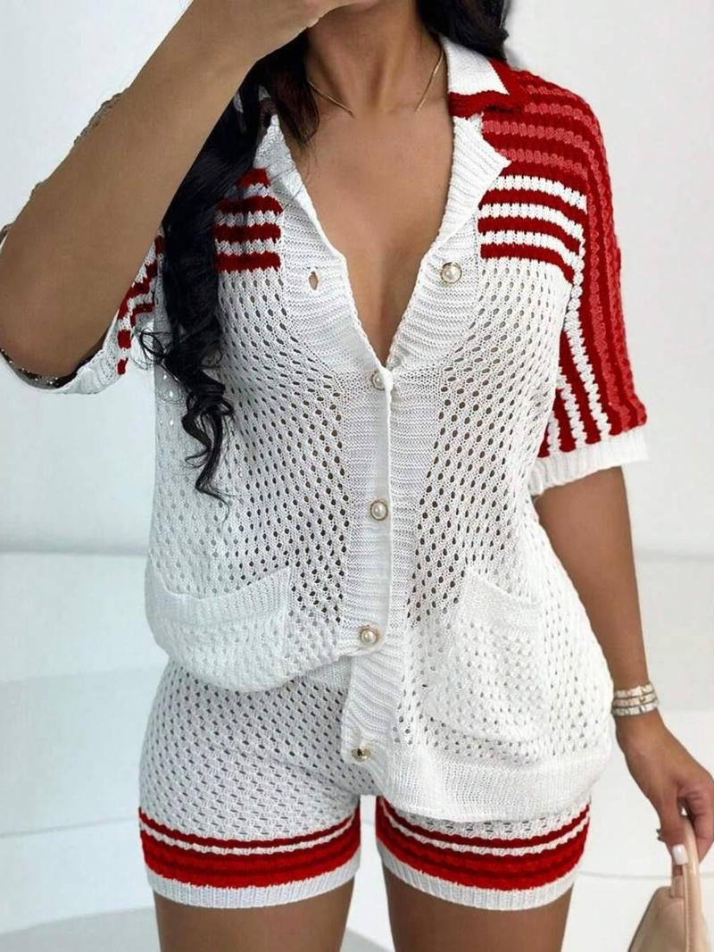 Women's Striped Design Sweater & Shorts Two-piece Set, Casual Short Sleeve Top & Shorts, Ladies Summer Outfits