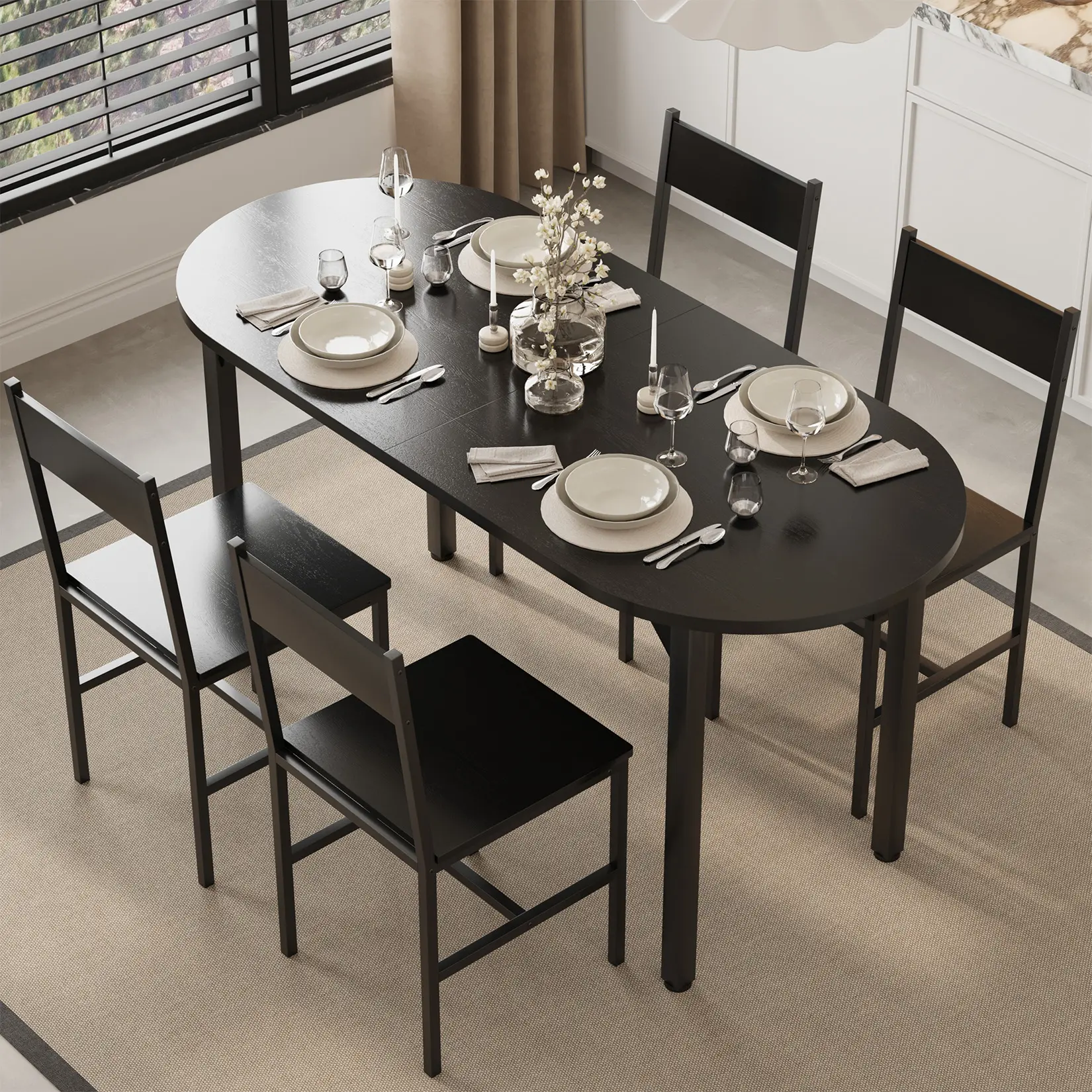 Modern 5-Piece Oval Dining Table Set Only, Space-Saving Kitchen and Dining Furniture, Durable PB/MDF Table and 4 Chairs with Steel Frame, 63 x 27.5 Inch, Ideal for Dining Room and Kitchen