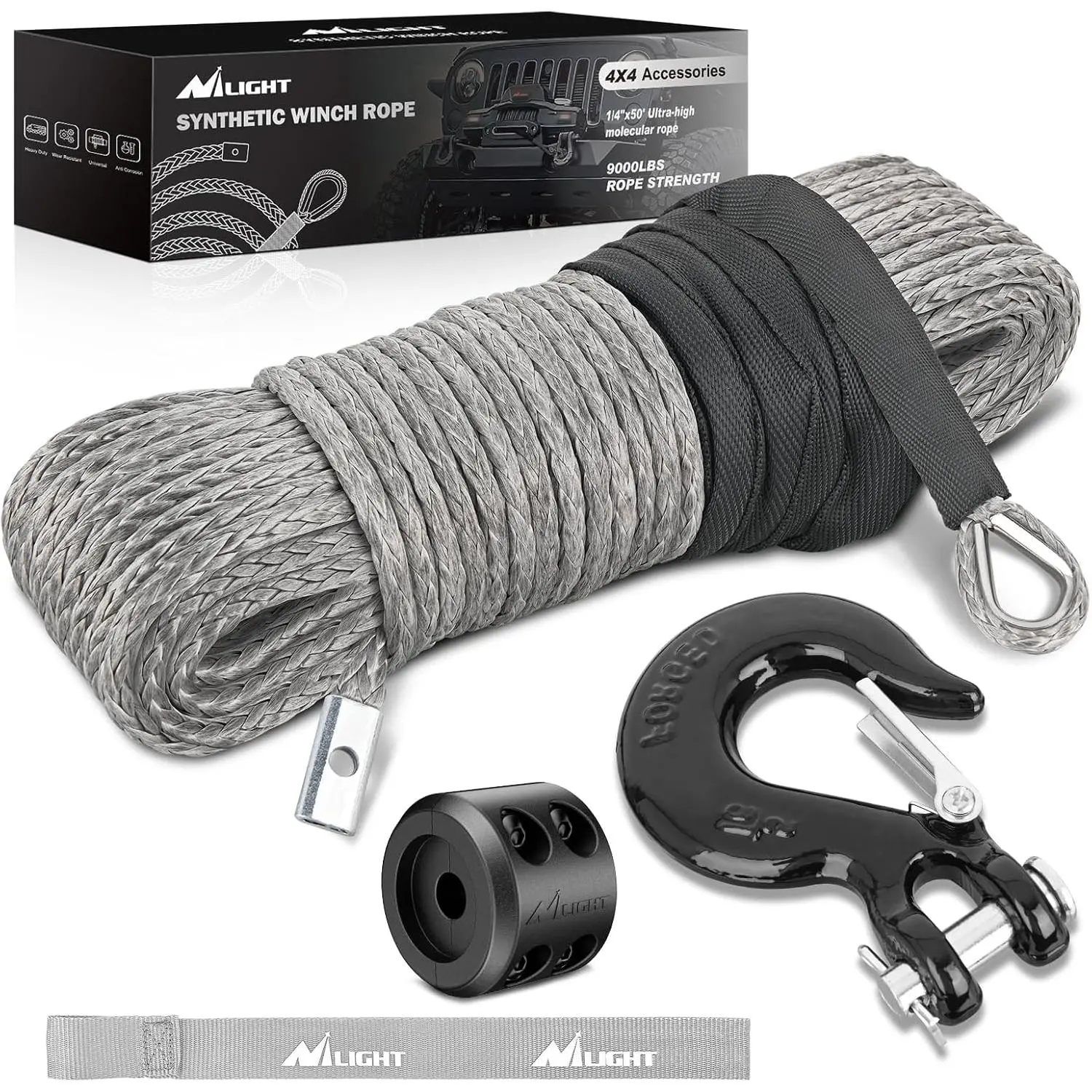 Nilight 1/4 Inch x 50 Feet Synthetic Winch Line Cable Universal for ATV UTV 4x4 Off-Road   9000 lbs Winch Line Ropes with Steel Hook Rubber Stopper Protective Sleeve Safety Strap, Grey