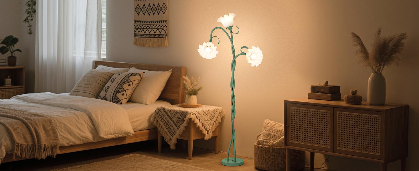 Floor Lamp for Living Room, 3 Lights Green Flower Lamp, Modern Tall Standing Lamp with 3 Color Temperatures Flexible Gooseneck, Mid Century Vintage Tree Floor Lamp for Bedroom Office