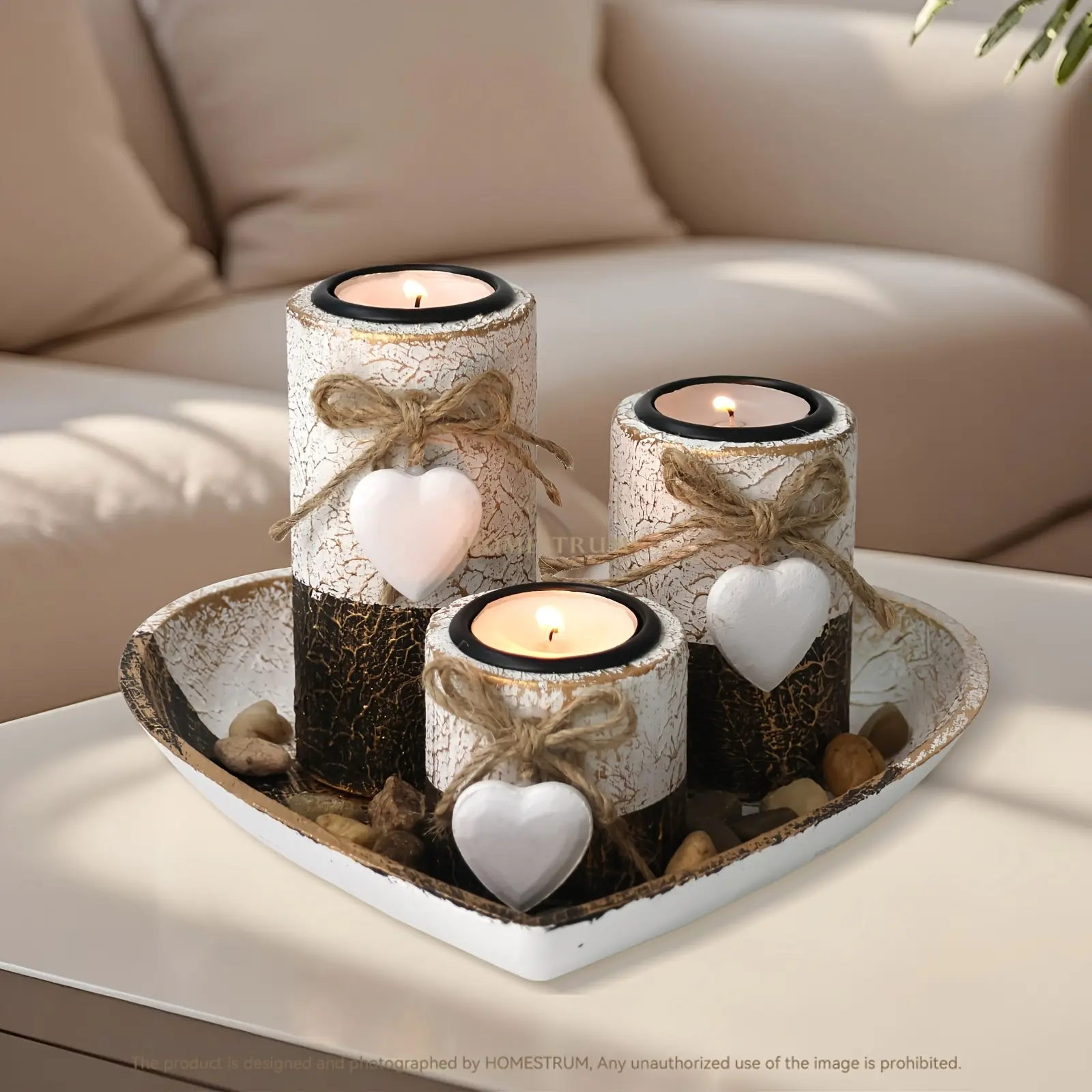4-Piece Wooden Heart-Shaped Candle Holder Set – Includes heart-shaped candle holder with tea light slots, cute bow accents, decorative stones, and a heart-shaped tray/bowl; perfect for home decor, Christmas, and Valentine's Day gifts.