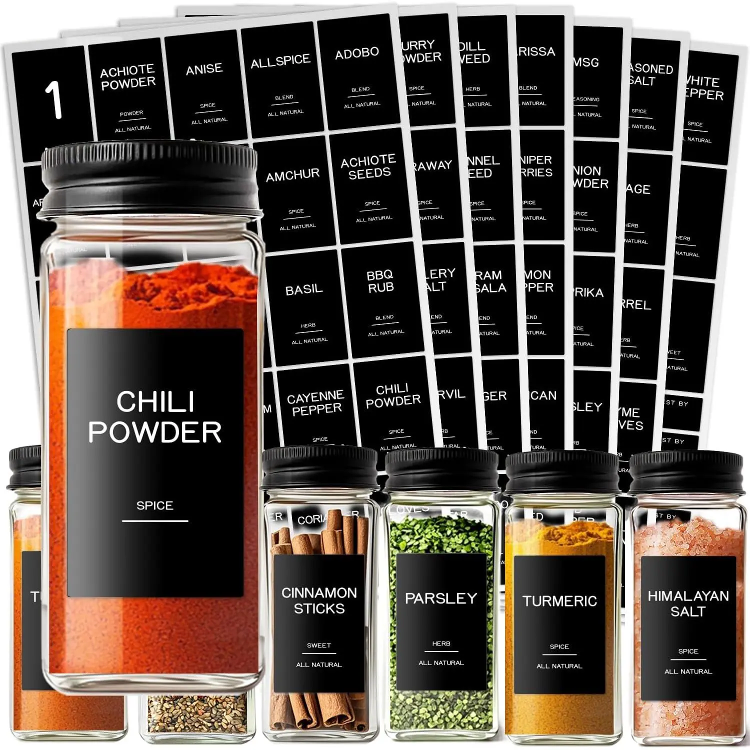 201  Jar Labels - Black Preprinted Minimalist  Stickers for Kitchen Jars,  & Seasoning Labels for Pantry Organization