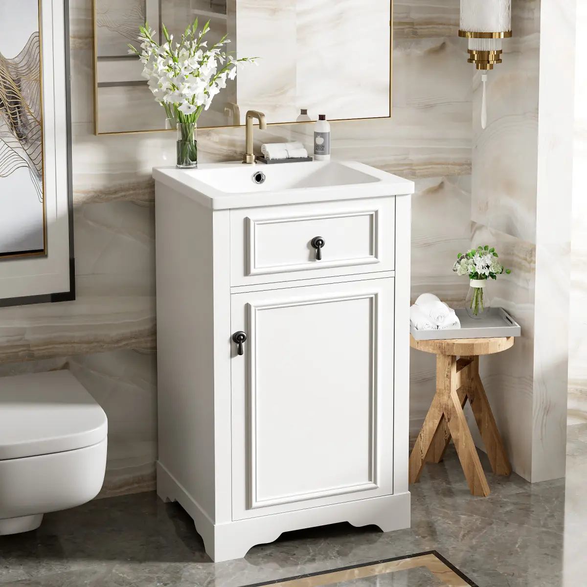 20-Inch Bathroom Vanity with Ceramic Sink, Soft Close Door, Adjustable Shelf, and Door-Mounted Storage Rack - Ideal for Small Bathrooms