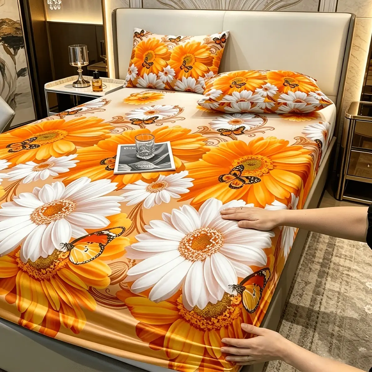 3-Piece Gold Sunflower & Butterfly Print Bed Sheet Set, Soft Comfortable with Drawstring, Easy-To-Remove Protector, Home Decor