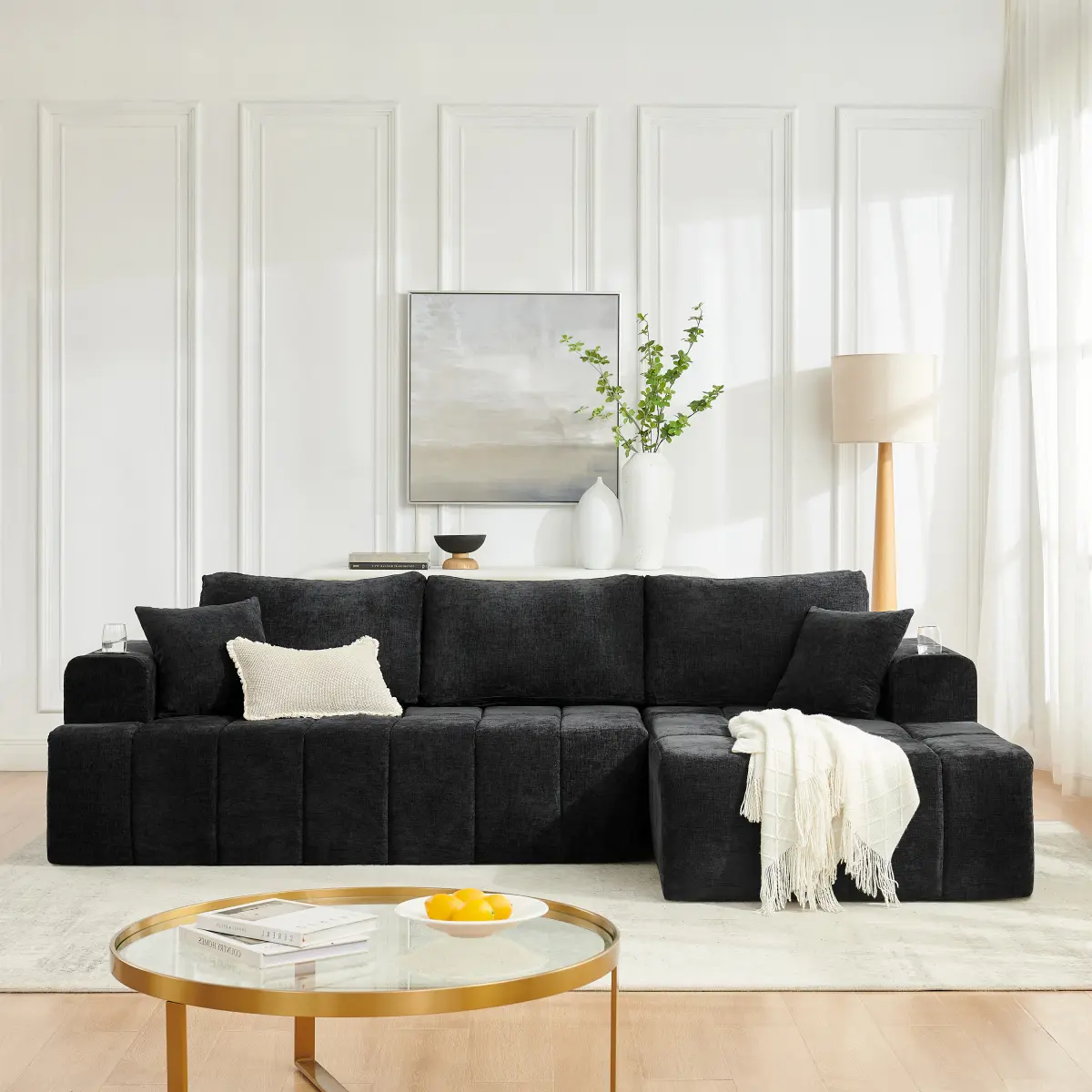 [Bellemave] 108" L-Shaped Chenille Sectional Sofa, Cloud Style Boneless Sofa with Chaise, Modern Upholstered Couch with Cup Holders & Side Pockets, Compression Sofa for Living Room, No Assembly Required